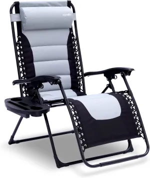 SereneLife Padded Zero Gravity Lounge Chair - Reclining Patio Chairs - Outdoor Lounge Chairs with Detachable Cup Holder Tray - Folding Recliner Chair with Removable Pillows - 1, Gray and Black
