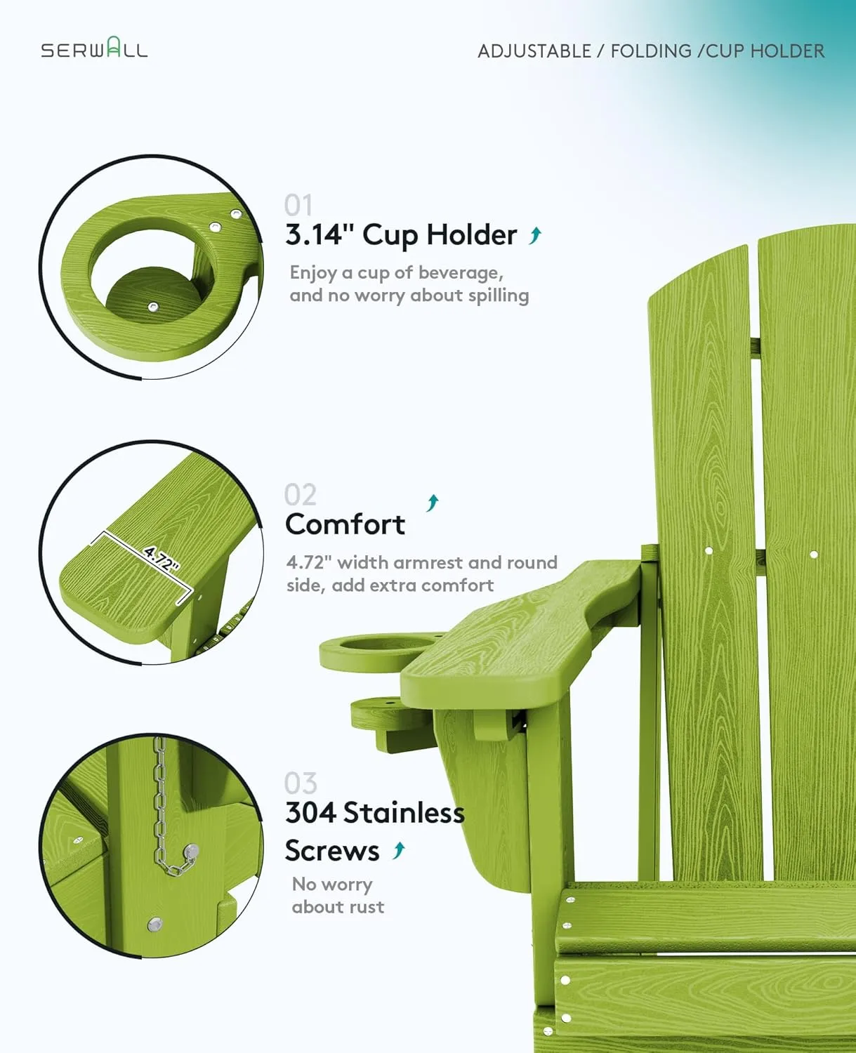 SERWALL Adirondack Folding Chair Set of 2, Reclining Adirondack Chair with 3 Recline Positions, Apple