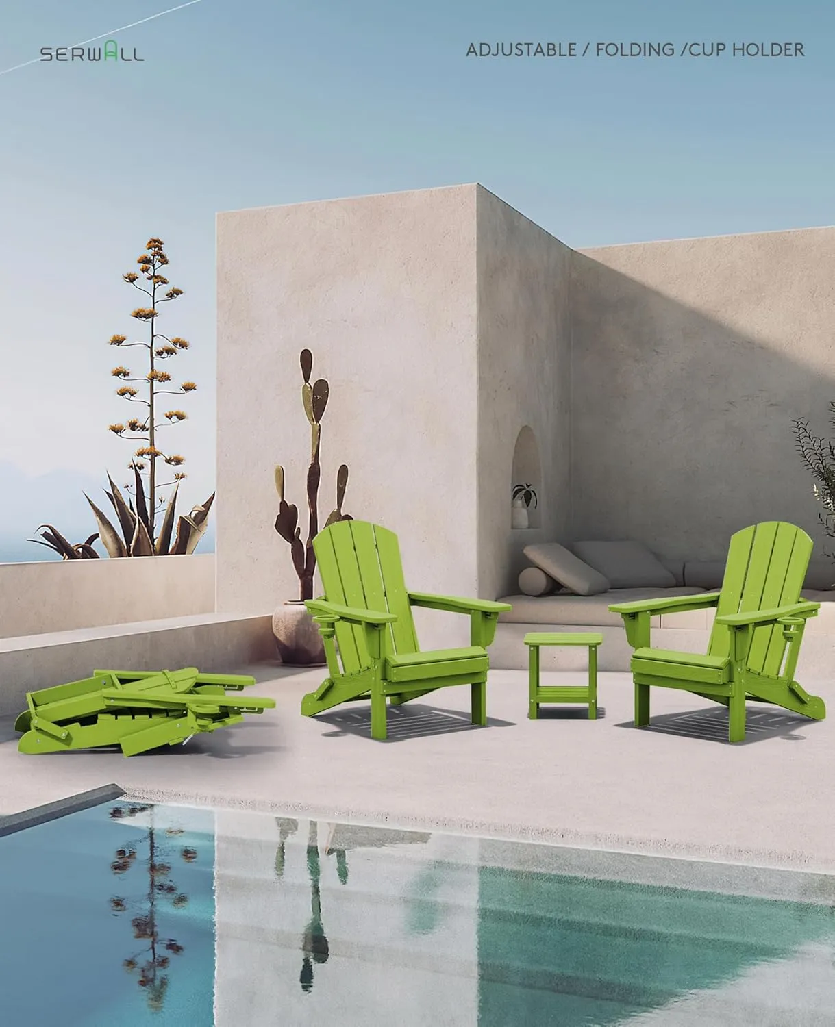 SERWALL Adirondack Folding Chair Set of 2, Reclining Adirondack Chair with 3 Recline Positions, Apple