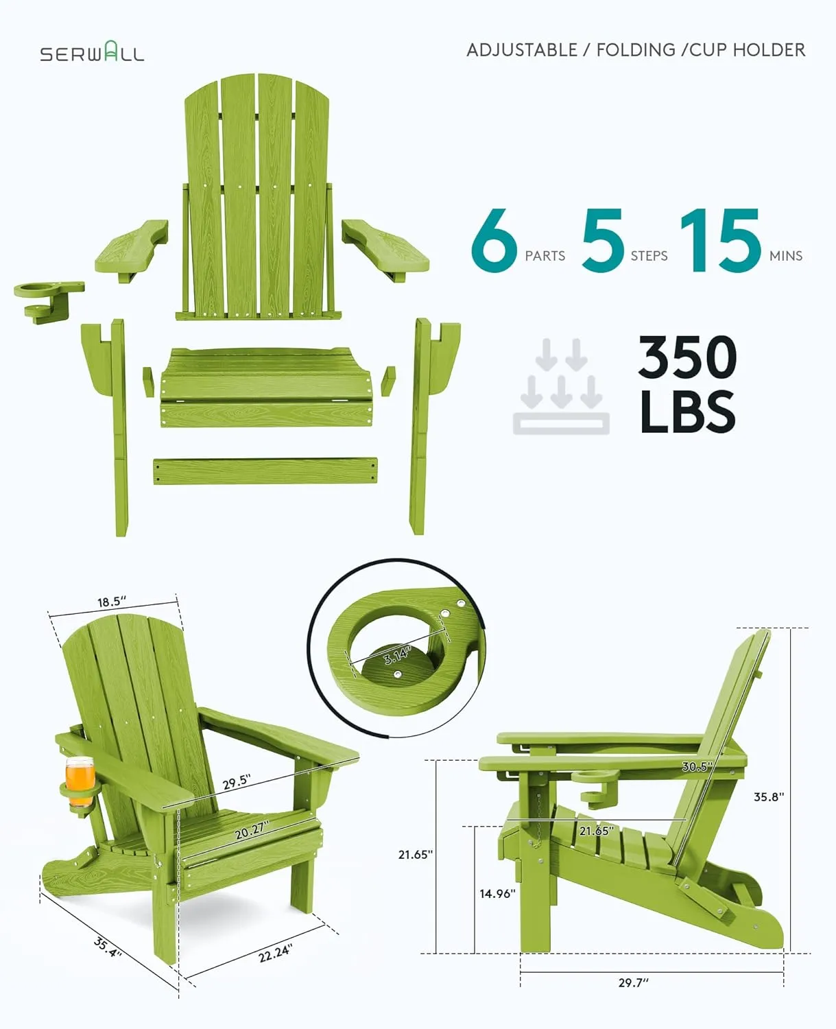 SERWALL Adirondack Folding Chair Set of 2, Reclining Adirondack Chair with 3 Recline Positions, Apple