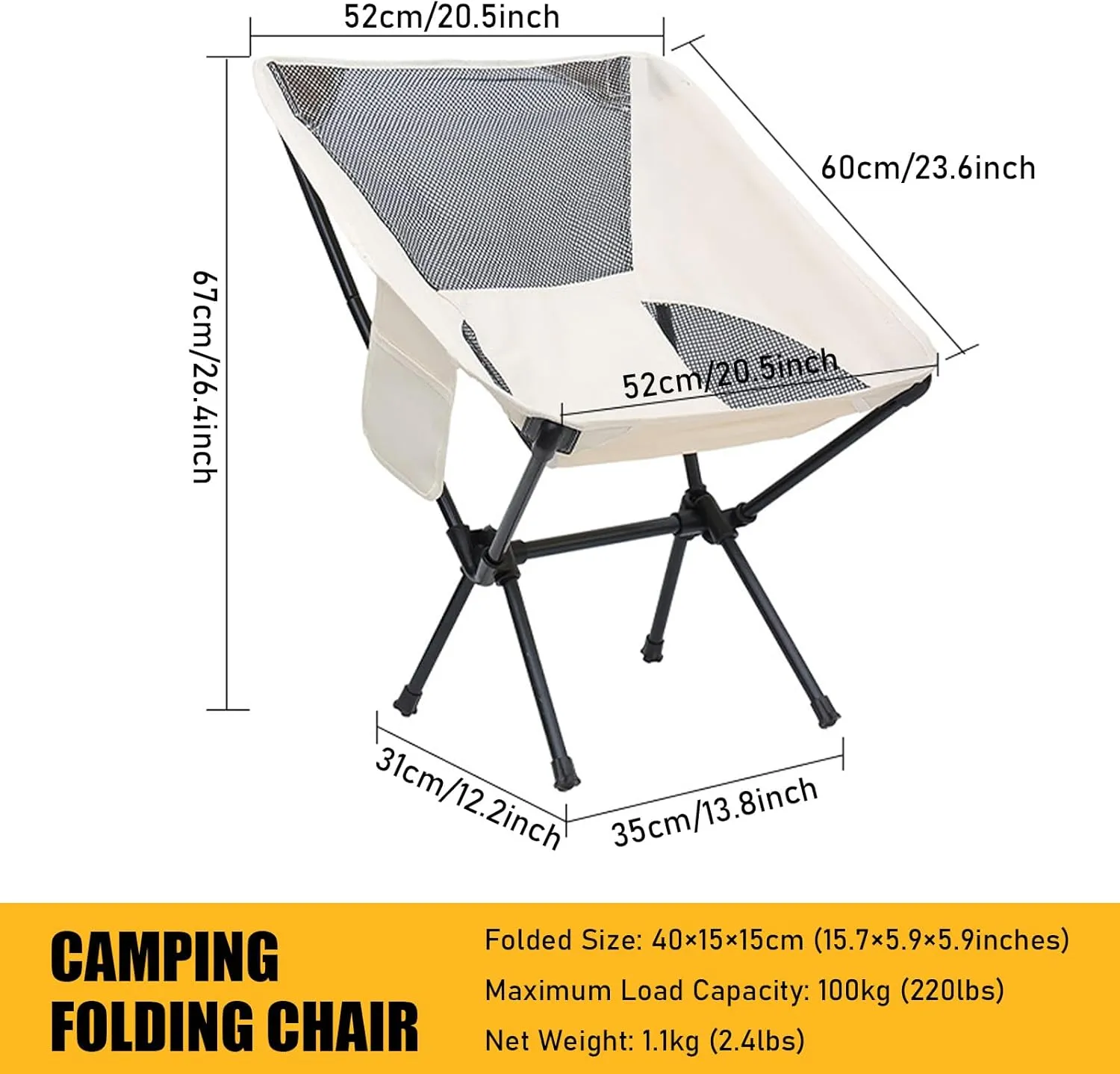 Set of 2 Outdoor Camping Chairs for Adults, Ultralight Portable Folding Chair with Carry Bag, 600D Oxford Fabric, 100KG Load Capacity, for Travel, Beach, Picnic, Hiking,Black a