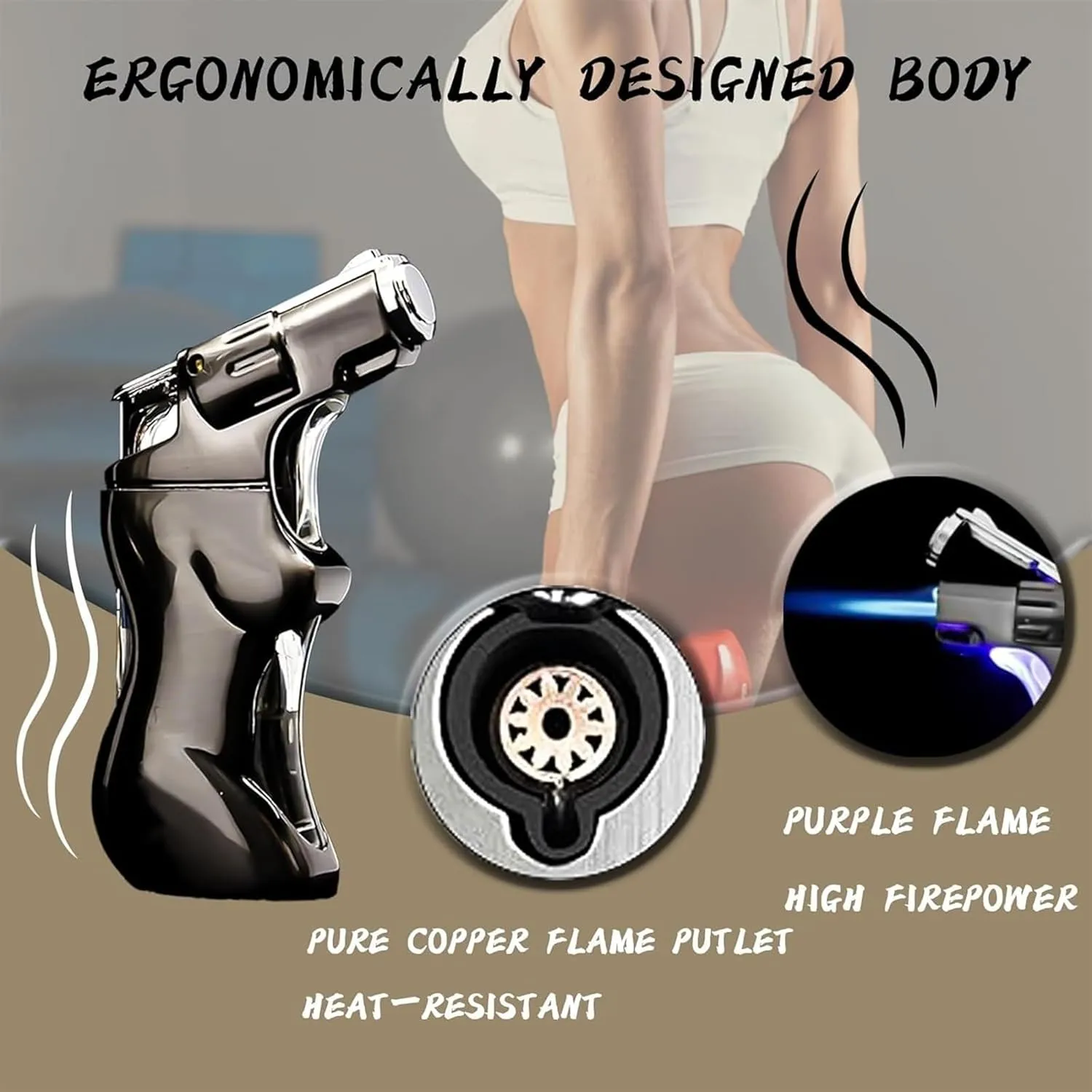 Sexy Woman Body and Blue LED Light Lighter, Jet Flame Torch Lighter, with Visible Fuel Tank Windproof Lighter, Refillable Butane Lighter, Creative Gift Ideas for Man (Color : Gray)