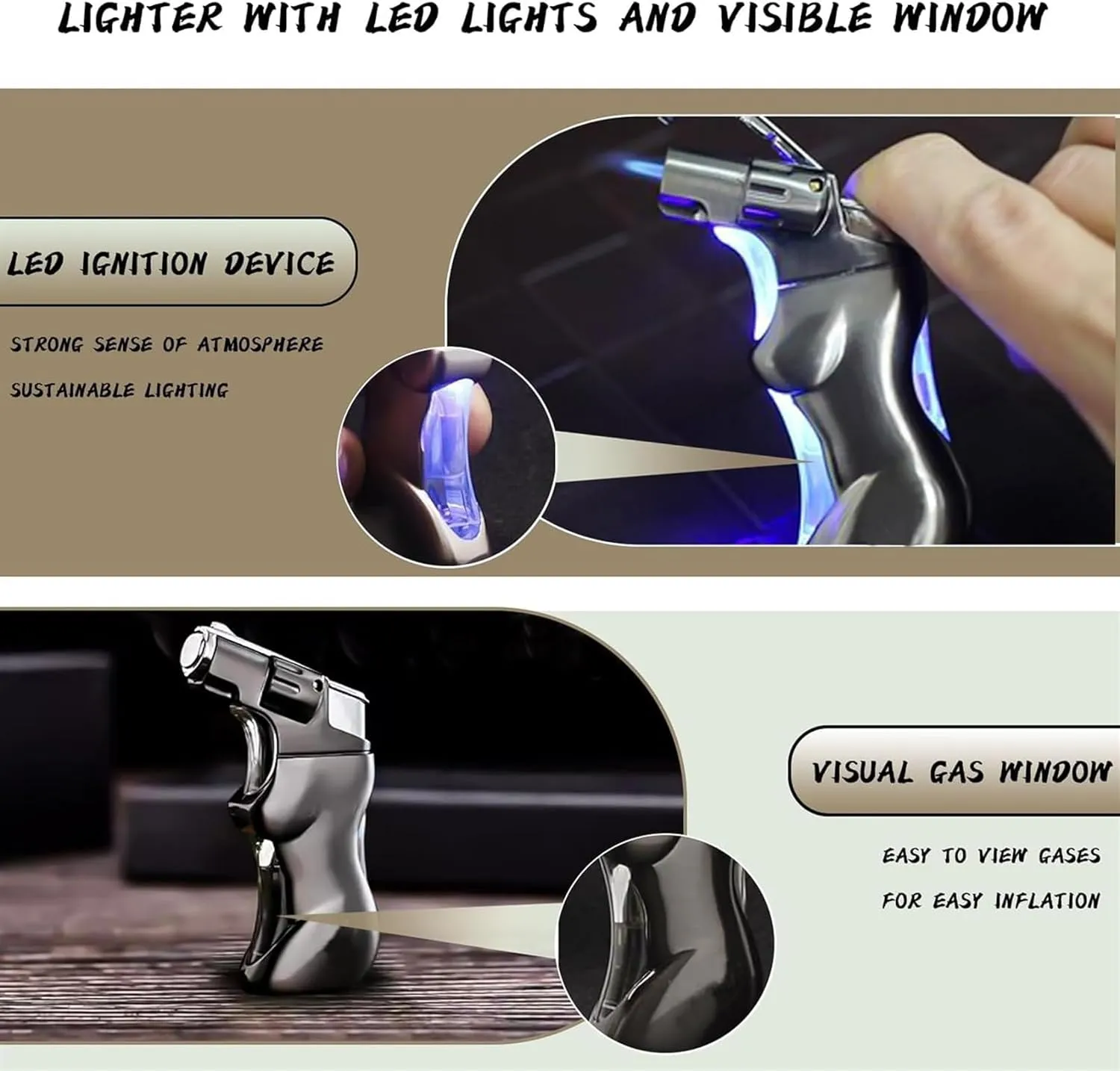 Sexy Woman Body and Blue LED Light Lighter, Jet Flame Torch Lighter, with Visible Fuel Tank Windproof Lighter, Refillable Butane Lighter, Creative Gift Ideas for Man (Color : Gray)