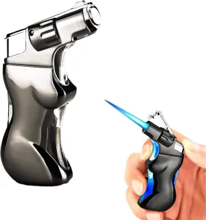 Sexy Woman Body and Blue LED Light Lighter, Jet Flame Torch Lighter, with Visible Fuel Tank Windproof Lighter, Refillable Butane Lighter, Creative Gift Ideas for Man (Color : Gray)