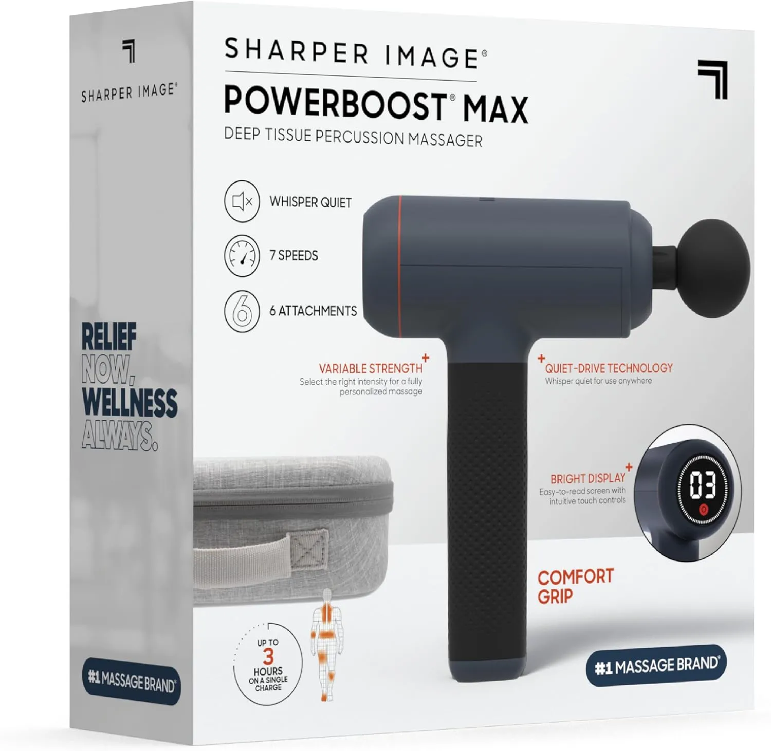 Sharper Image Powerboost Max Massage Gun - 6 Attachments, 7 Speeds, Quiet Motor| Deep Tissue Percussion Massager| Handheld Massage Tool for Back Shoulder Legs Full Body| Muscle Recovery & Pain Relief