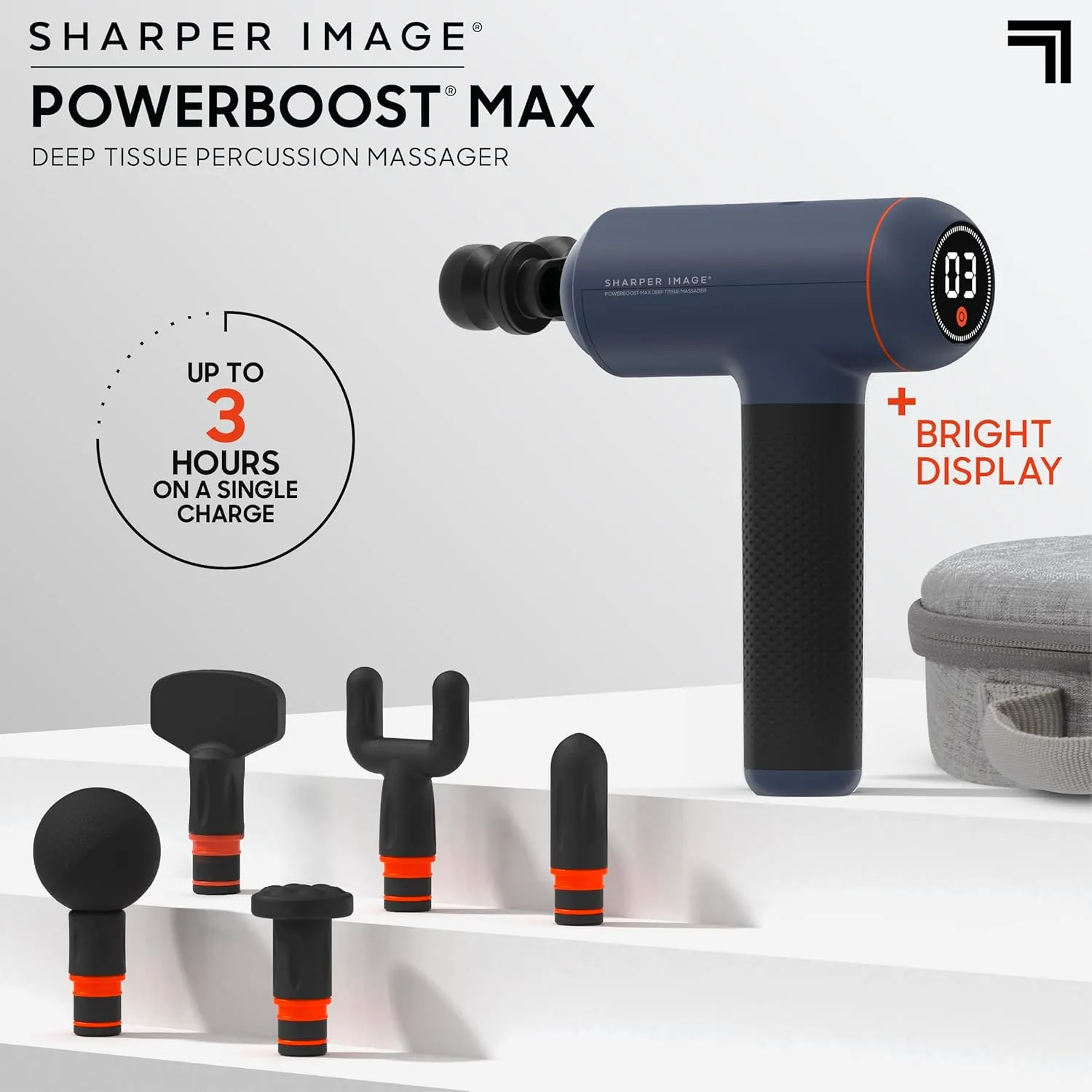 Sharper Image Powerboost Max Massage Gun - 6 Attachments, 7 Speeds, Quiet Motor| Deep Tissue Percussion Massager| Handheld Massage Tool for Back Shoulder Legs Full Body| Muscle Recovery & Pain Relief