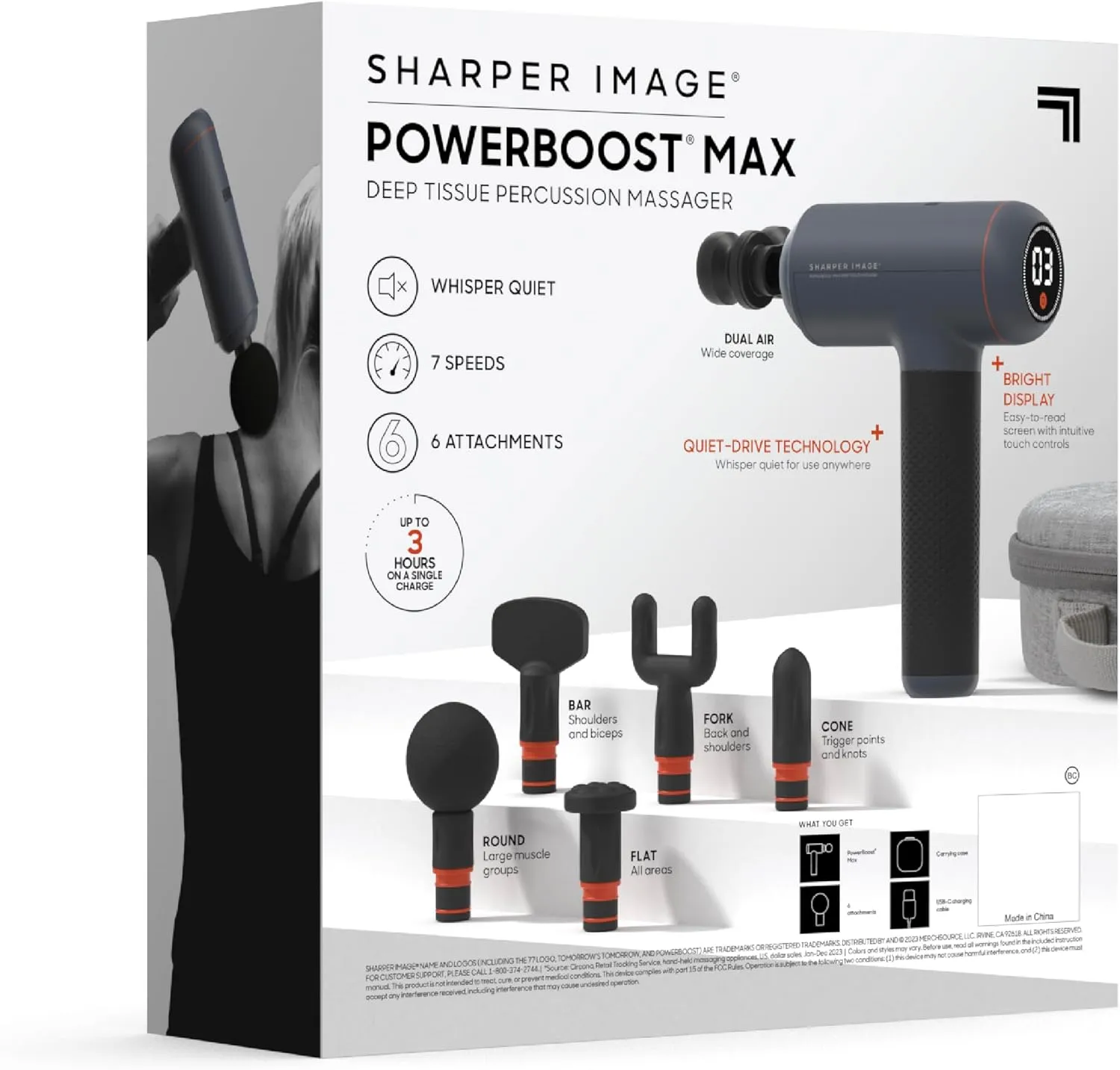 Sharper Image Powerboost Max Massage Gun - 6 Attachments, 7 Speeds, Quiet Motor| Deep Tissue Percussion Massager| Handheld Massage Tool for Back Shoulder Legs Full Body| Muscle Recovery & Pain Relief