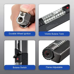 Side sliding grinding wheel ignition straight blue flame windproof lighter, with transparent visual air window, can be filled with butane, adjustable flame size, lockable flame, men's gift (butane not