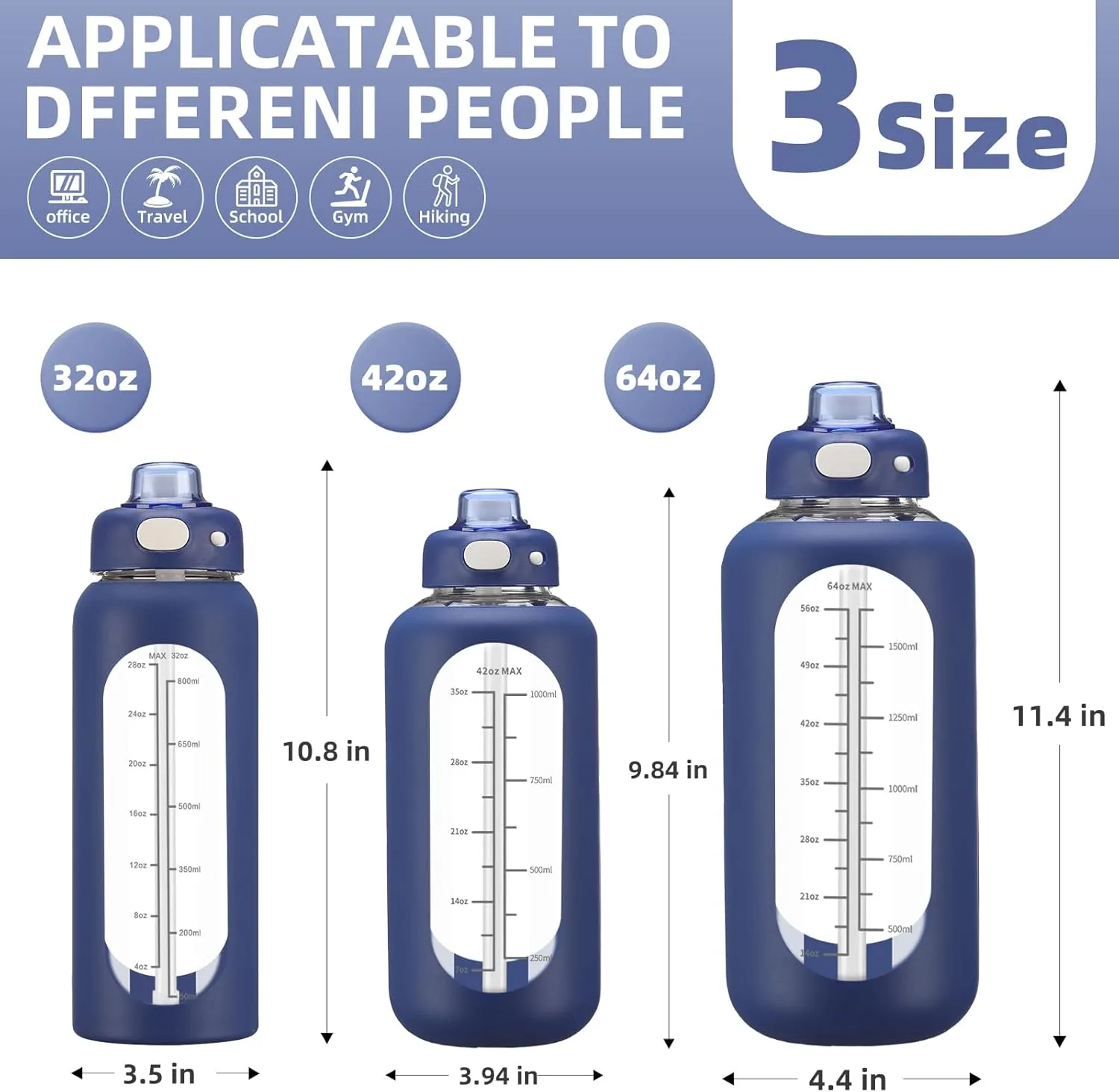 SIEROZUR 64 oz Glass Water Bottle with Straw and Handle Large Sports Motivational Water Bottle Flask with Time Marker Leakproof Water Jug with Silicone Sleeve for Gym