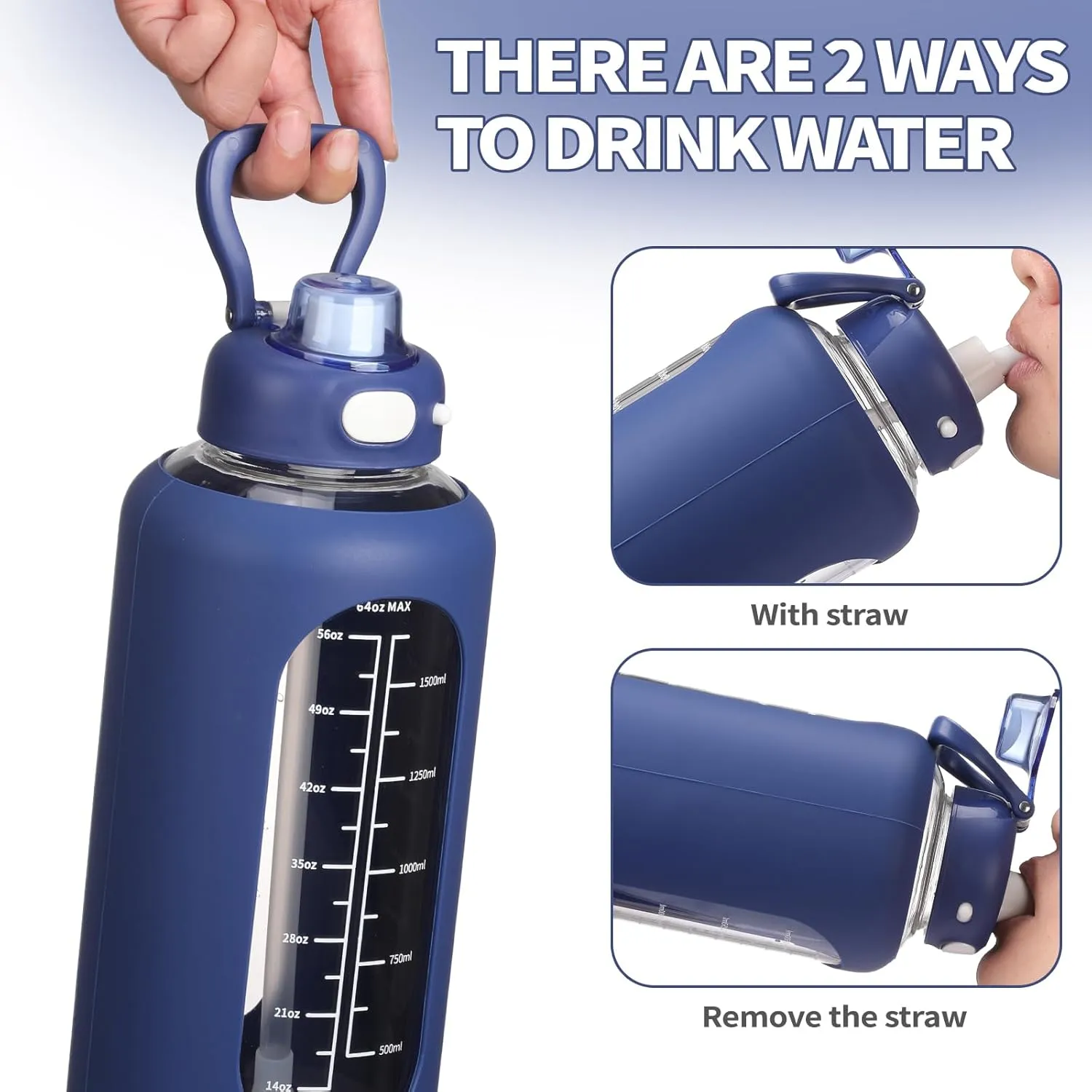 SIEROZUR 64 oz Glass Water Bottle with Straw and Handle Large Sports Motivational Water Bottle Flask with Time Marker Leakproof Water Jug with Silicone Sleeve for Gym