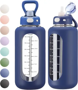 SIEROZUR 64 oz Glass Water Bottle with Straw and Handle Large Sports Motivational Water Bottle Flask with Time Marker Leakproof Water Jug with Silicone Sleeve for Gym