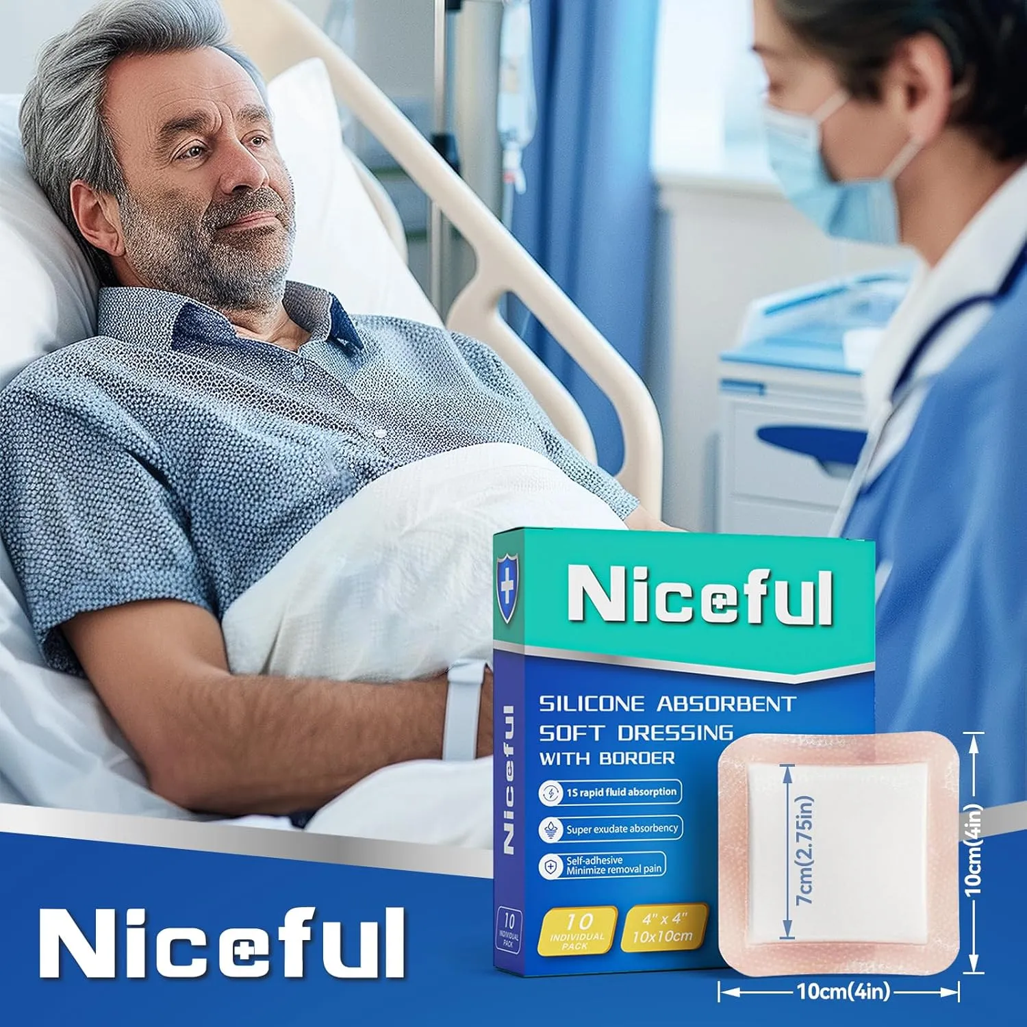 Silicone Super Absorbent Wound Dressing-4"× 4" Self-Adhesive Bandages for Wound Care, FSA HSA Eligible, Ultra Soft Wound Pads for Bed Sores Leg Ulcers Burns, 10