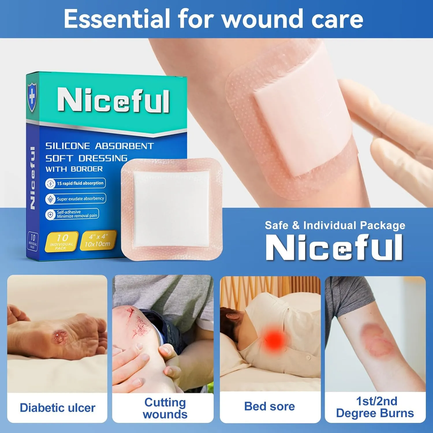 Silicone Super Absorbent Wound Dressing-4"× 4" Self-Adhesive Bandages for Wound Care, FSA HSA Eligible, Ultra Soft Wound Pads for Bed Sores Leg Ulcers Burns, 10
