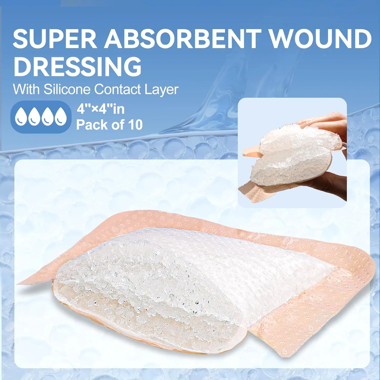 Silicone Super Absorbent Wound Dressing-4"× 4" Self-Adhesive Bandages for Wound Care, FSA HSA Eligible, Ultra Soft Wound Pads for Bed Sores Leg Ulcers Burns, 10
