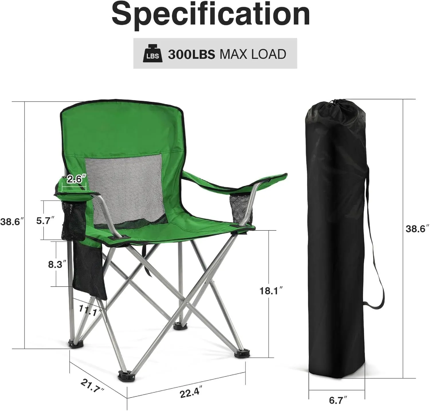 Simple Deluxe Outdoor Foldable Camping Chair, Outdoor Camping Chair with Cup Holder and Carrying Bag, with 300lbs Capacity and Sturdy Material, for Hiking, Fishing and Camping, Green
