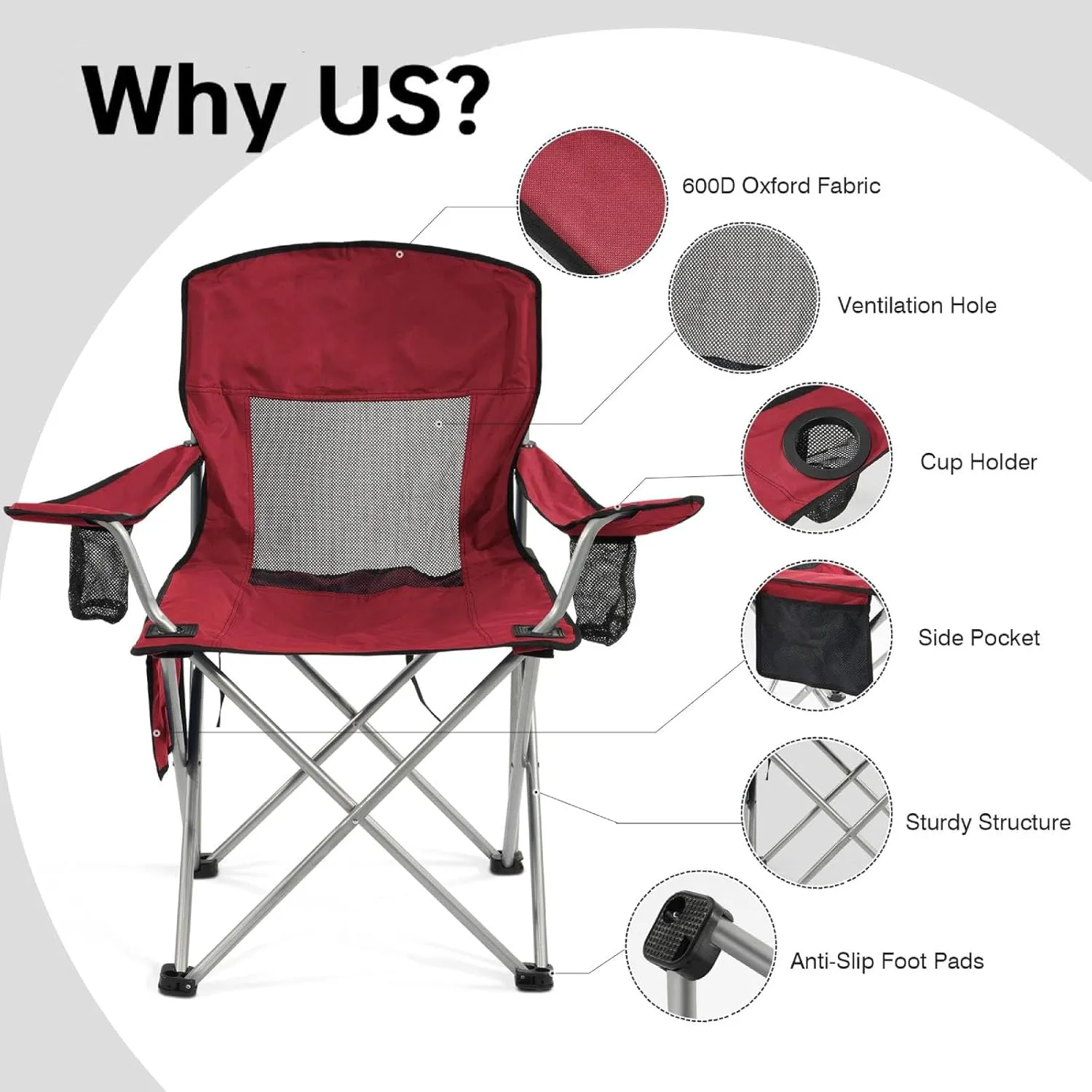 Simple Deluxe Outdoor Foldable Camping Chair, with 300lbs Capacity and Sturdy Material, Outdoor Camping Chair with Cup Holder & Carrying Bag, Suitable for Sports, Beaches and Camping, Red