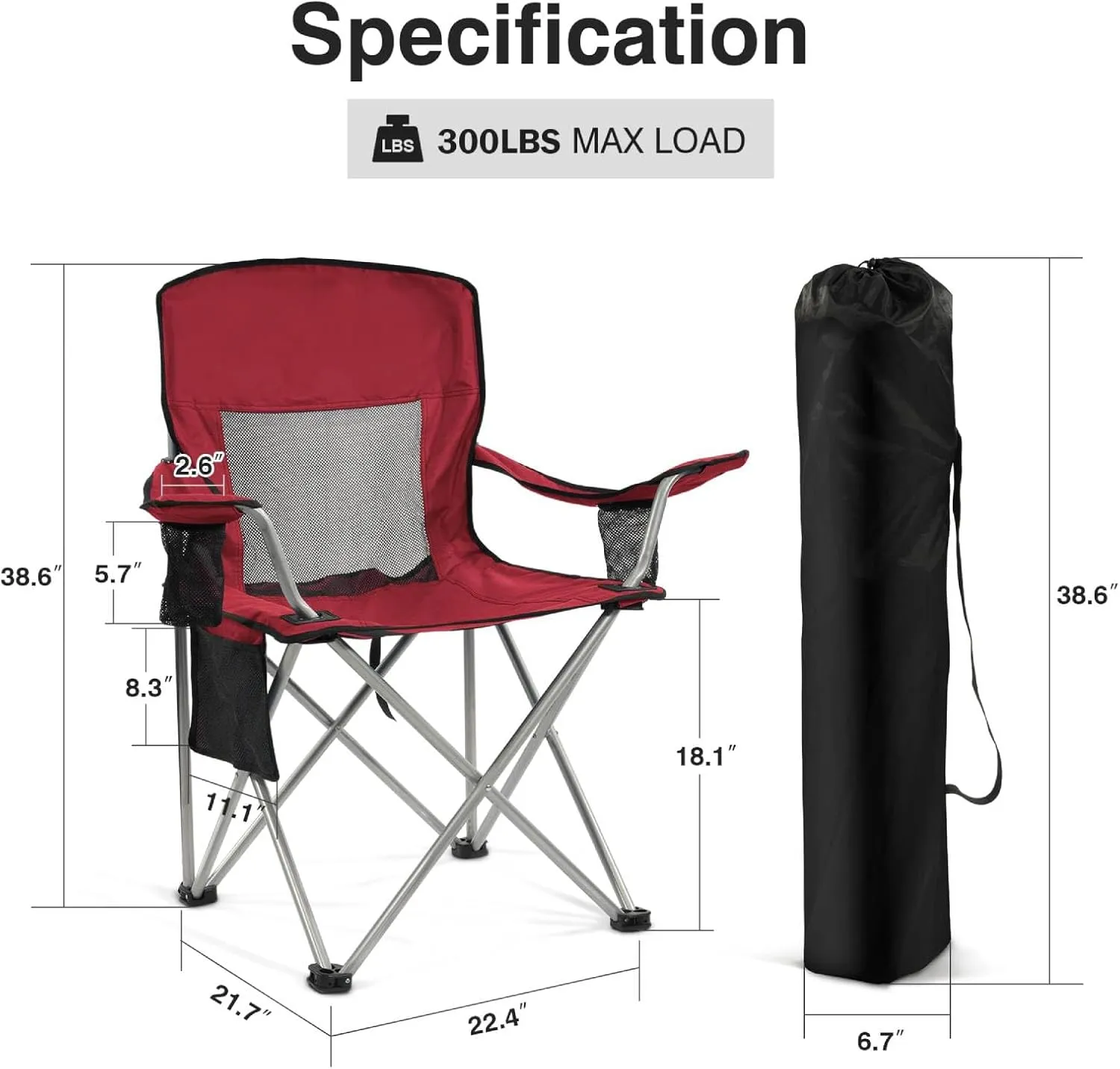 Simple Deluxe Outdoor Foldable Camping Chair, with 300lbs Capacity and Sturdy Material, Outdoor Camping Chair with Cup Holder & Carrying Bag, Suitable for Sports, Beaches and Camping, Red