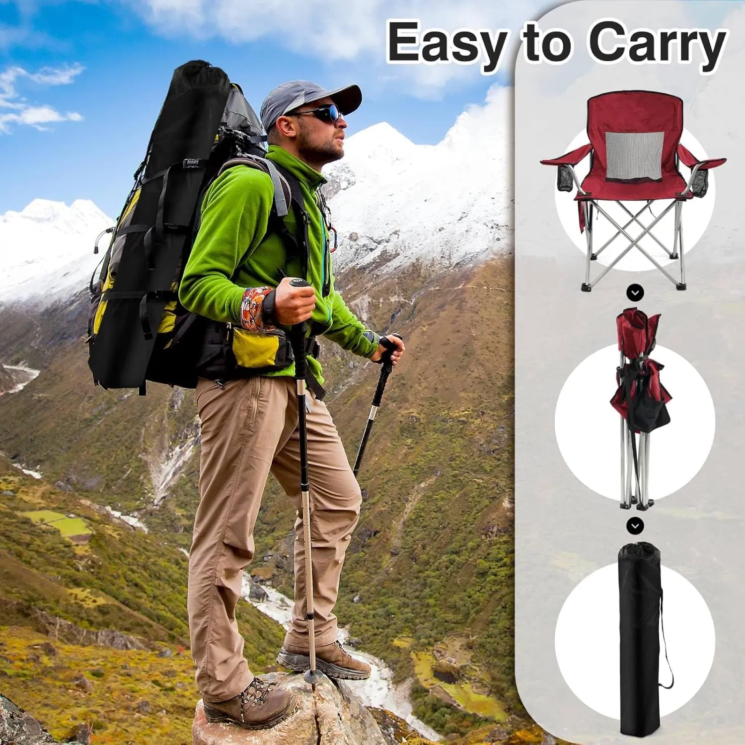 Simple Deluxe Outdoor Foldable Camping Chair, with 300lbs Capacity and Sturdy Material, Outdoor Camping Chair with Cup Holder & Carrying Bag, Suitable for Sports, Beaches and Camping, Red