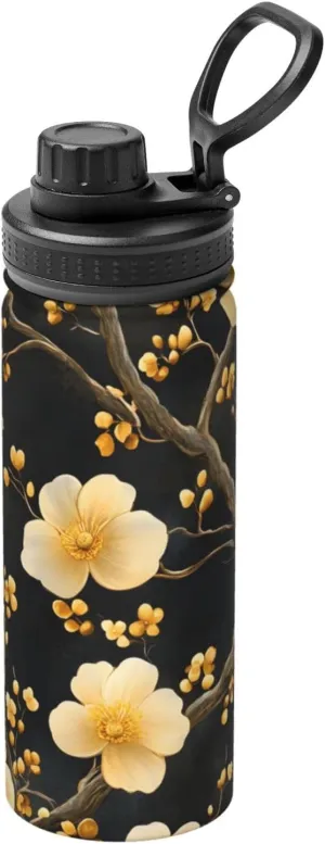Simple Yellow Flower Sports Insulated Water Bottle 18oz Stainless Steel Metal Water Bottles with Handle and Spout Lid Reusable Leakproof Double Wall Water Flask for Men Women Travel Gym