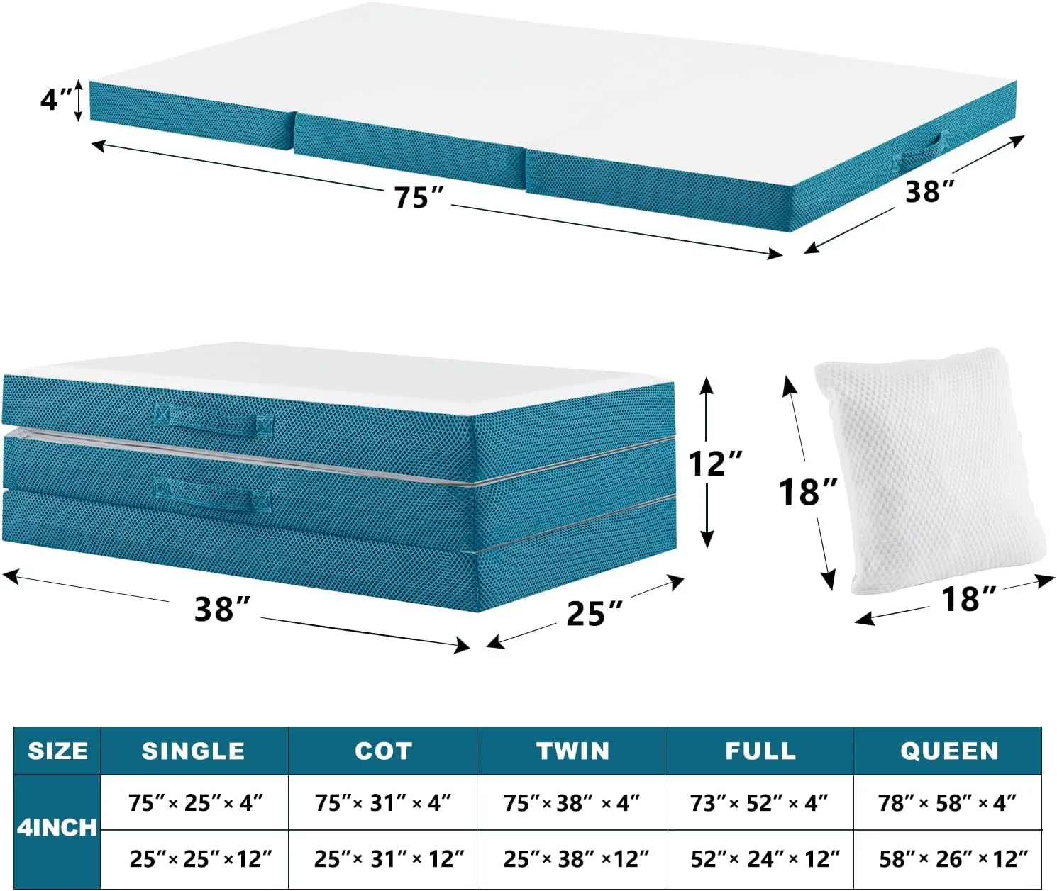 SINWEEK Memory Foam Folding Mattress with Pillow & Storage Bag, 4 Inch Trifold Foldable Mattress Portable Floor Mattress Guest Bed for Camping and Sleeping