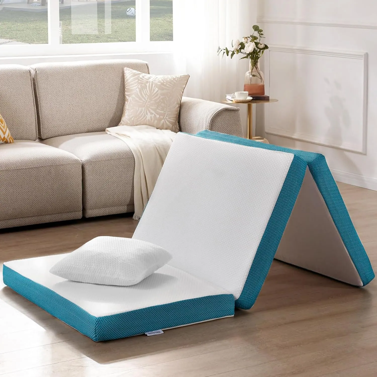 SINWEEK Memory Foam Folding Mattress with Pillow & Storage Bag, 4 Inch Trifold Foldable Mattress Portable Floor Mattress Guest Bed for Camping and Sleeping