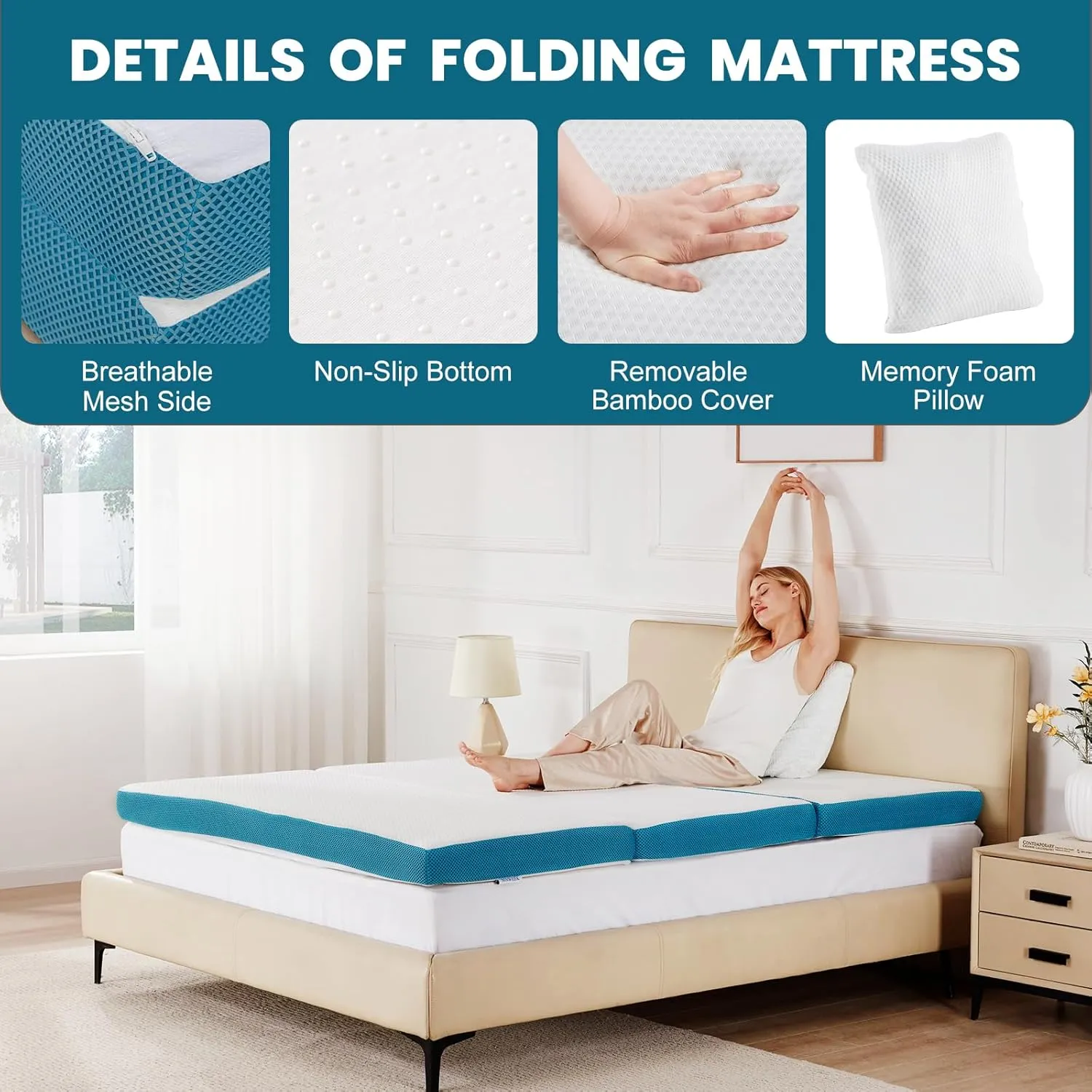 SINWEEK Memory Foam Folding Mattress with Pillow & Storage Bag, 4 Inch Trifold Foldable Mattress Portable Floor Mattress Guest Bed for Camping and Sleeping