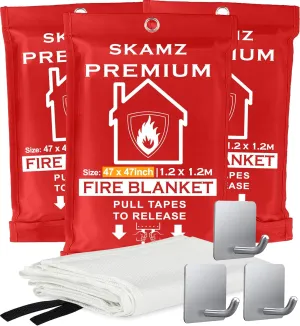 SKAMZ Emergency Fire Blanket - XL Size 47" x 47" - 3 Pack With Hooks - Fiberglass Extinguisher for Kitchen, Heavy Duty Suppression for Home Safety