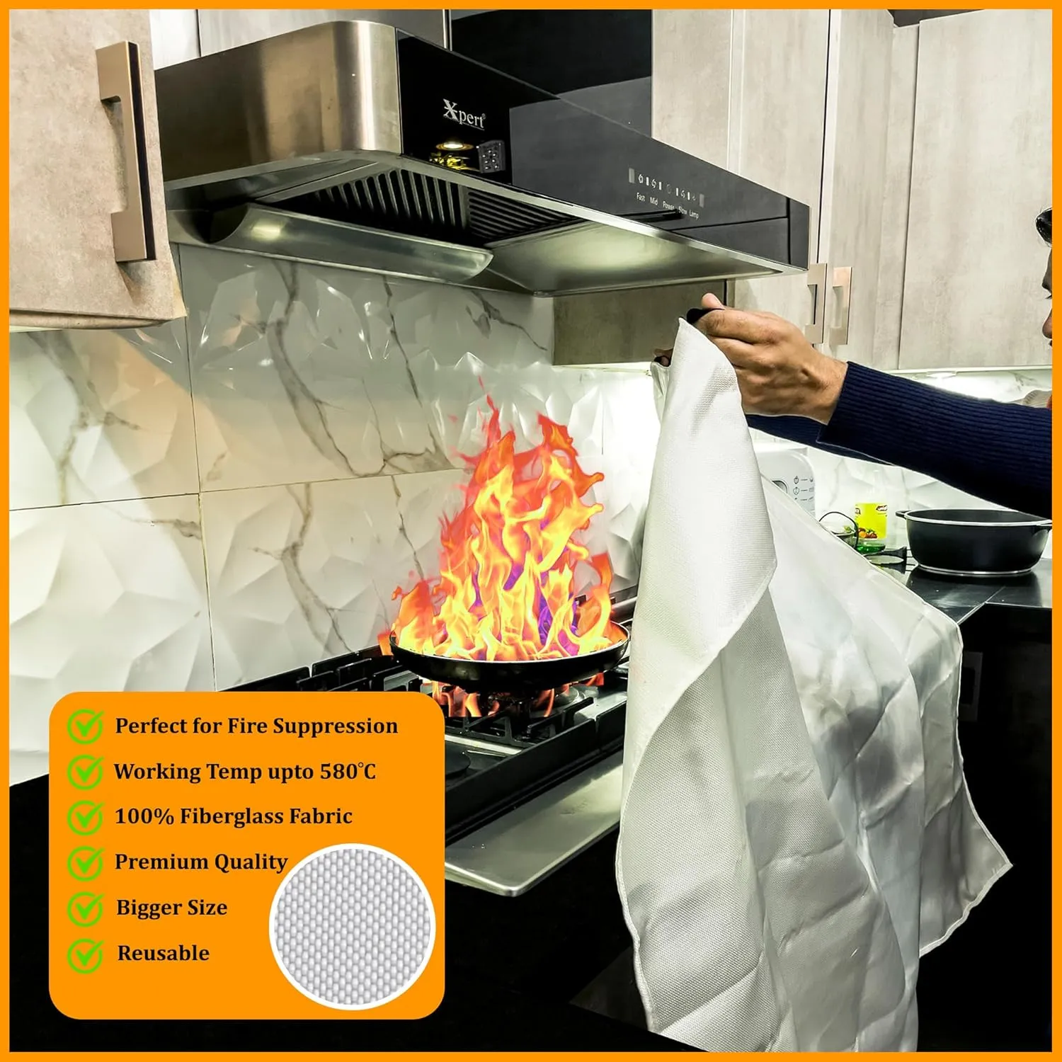 SKAMZ Emergency Fire Blanket - XL Size 47" x 47" - 3 Pack With Hooks - Fiberglass Extinguisher for Kitchen, Heavy Duty Suppression for Home Safety