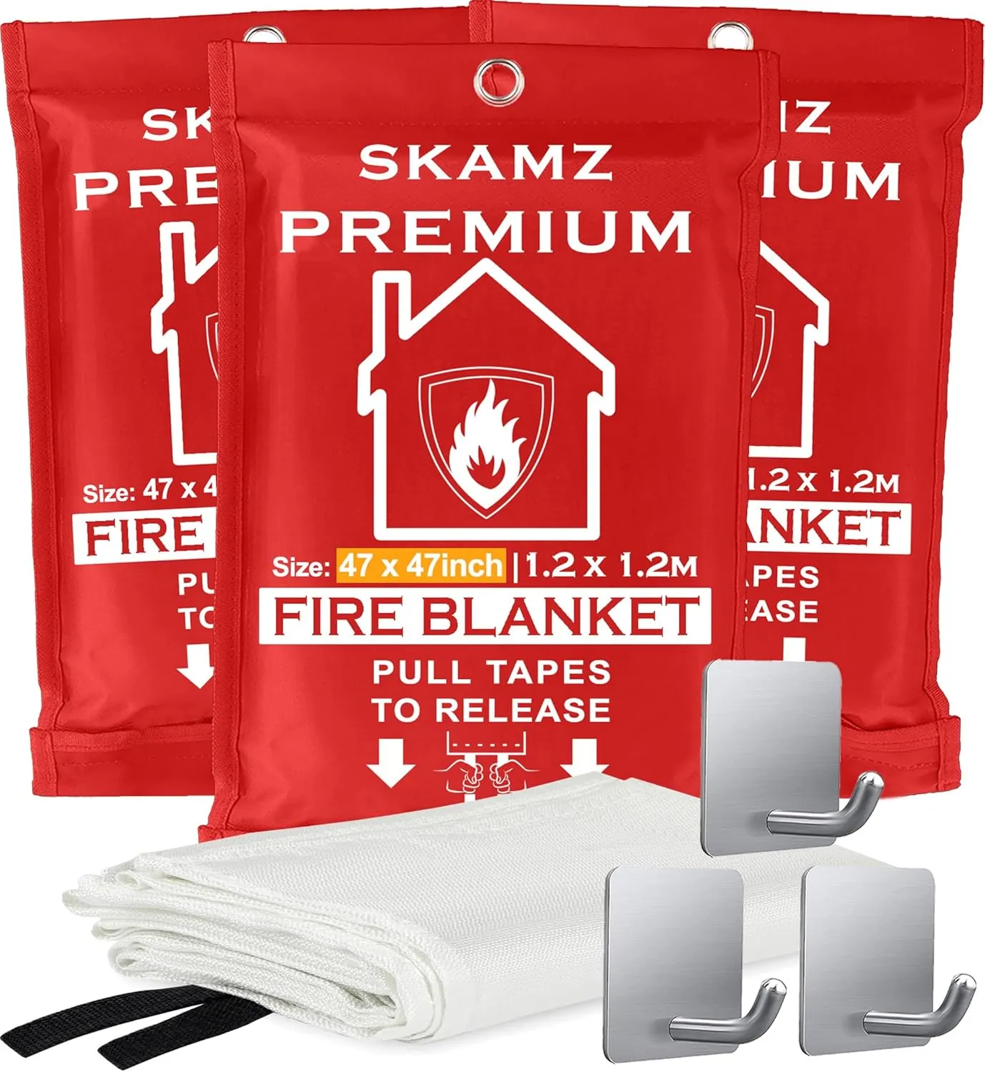 SKAMZ Emergency Fire Blanket - XL Size 47" x 47" - 3 Pack With Hooks - Fiberglass Extinguisher for Kitchen, Heavy Duty Suppression for Home Safety