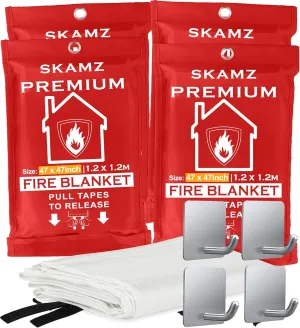 SKAMZ Premium Emergency Fire Blanket for Home and Kitchen - XLarge - 47.2" x 47.2" - 4 Packs Fiberglass Fire Blankets for House Rapid Fire Suppression, Flame Retardant Blanket