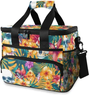 Skeleton Tropical Flowers Skulls Cooler Bag Insulated Cooler Soft Sided Cooler 24 Can Portable Picnic Bag Large Leakproof Lunch Bag Box for Beach Grocery Camping Travel Car Men Women