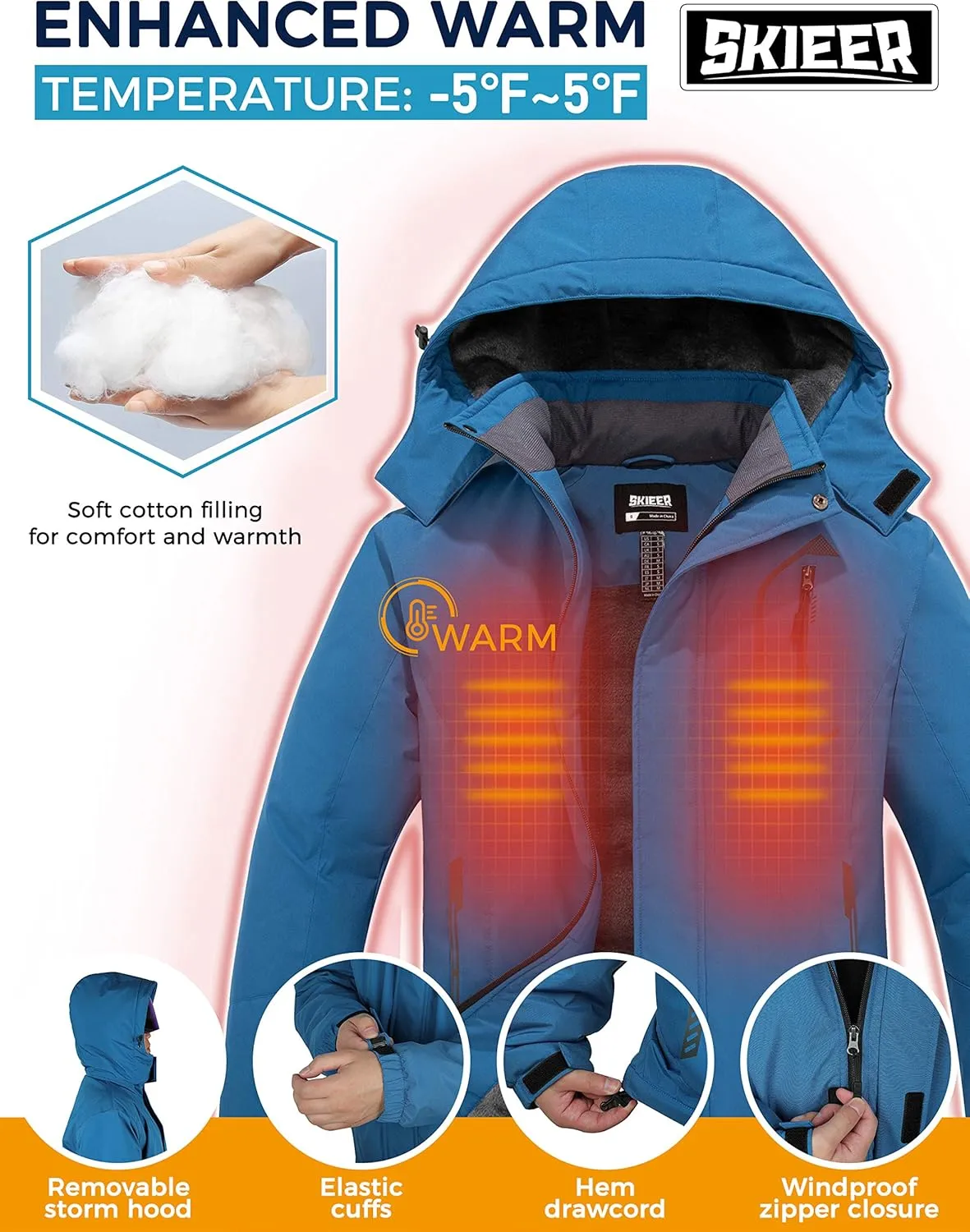 Skieer Men's Mountain Waterproof Ski Jacket Winter Rain Jacket Warm Fleece Snow Coat