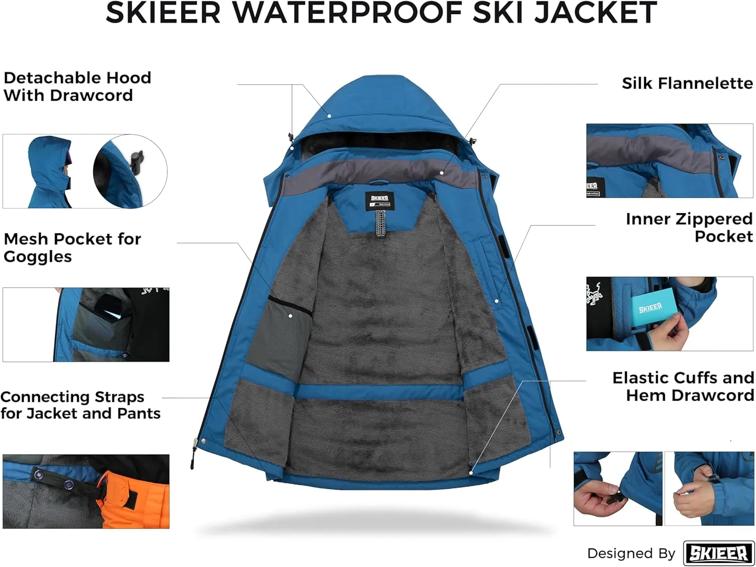 Skieer Men's Mountain Waterproof Ski Jacket Winter Rain Jacket Warm Fleece Snow Coat