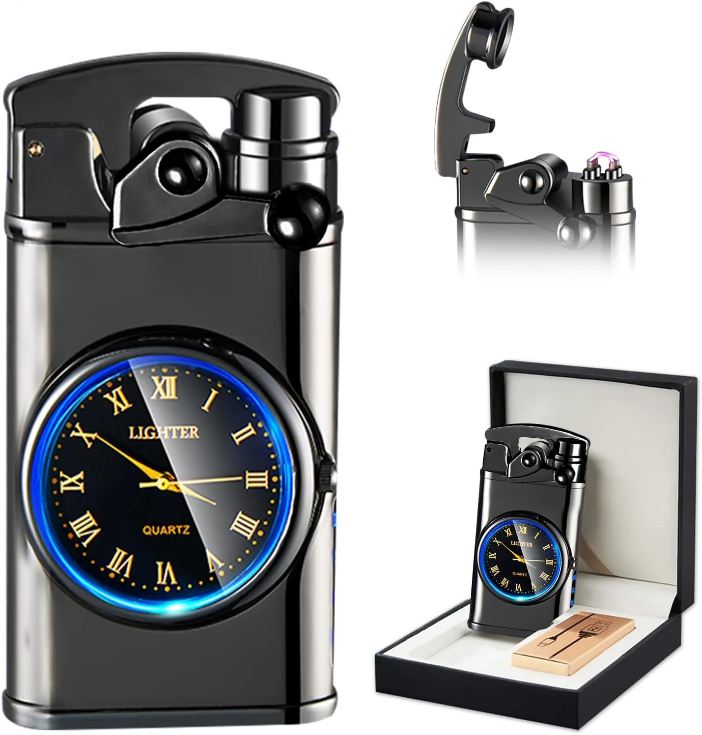 SKRFIRE Electric Plasma Electric Arc Lighter, Windproof Lighters, Metal Lighter Luminous Real Watch dial LED Lighting (Black)