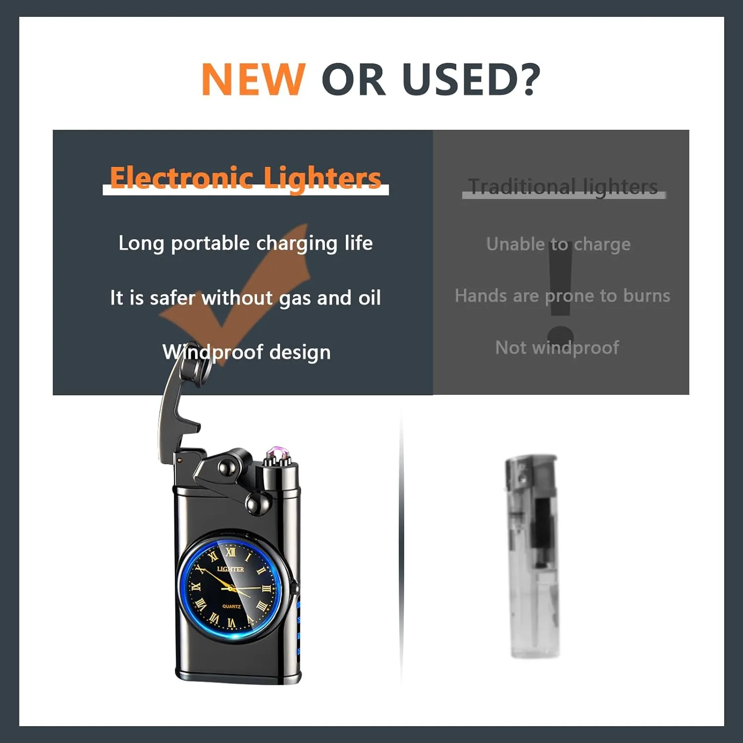 SKRFIRE Electric Plasma Electric Arc Lighter, Windproof Lighters, Metal Lighter Luminous Real Watch dial LED Lighting (Black)