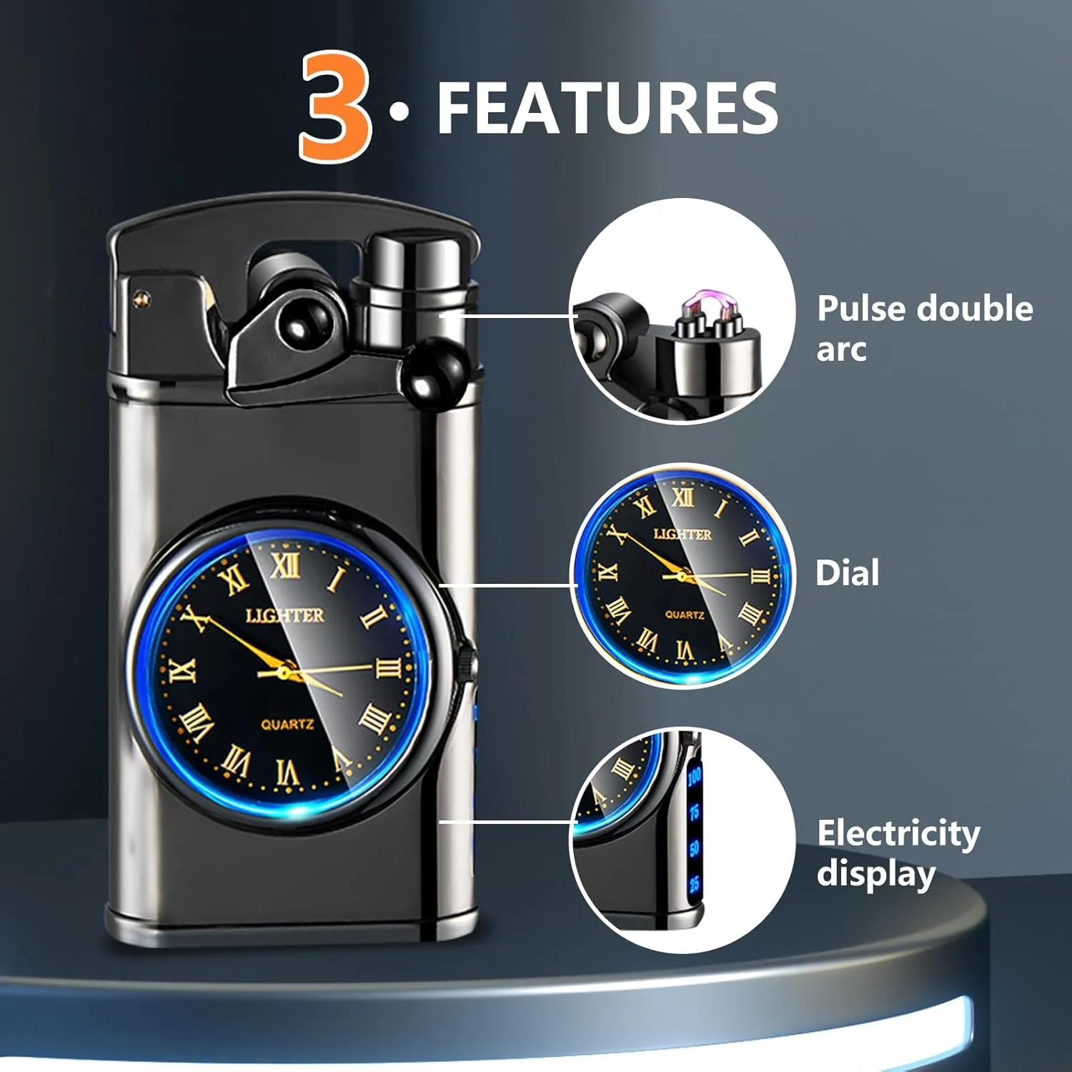 SKRFIRE Electric Plasma Electric Arc Lighter, Windproof Lighters, Metal Lighter Luminous Real Watch dial LED Lighting (Black)