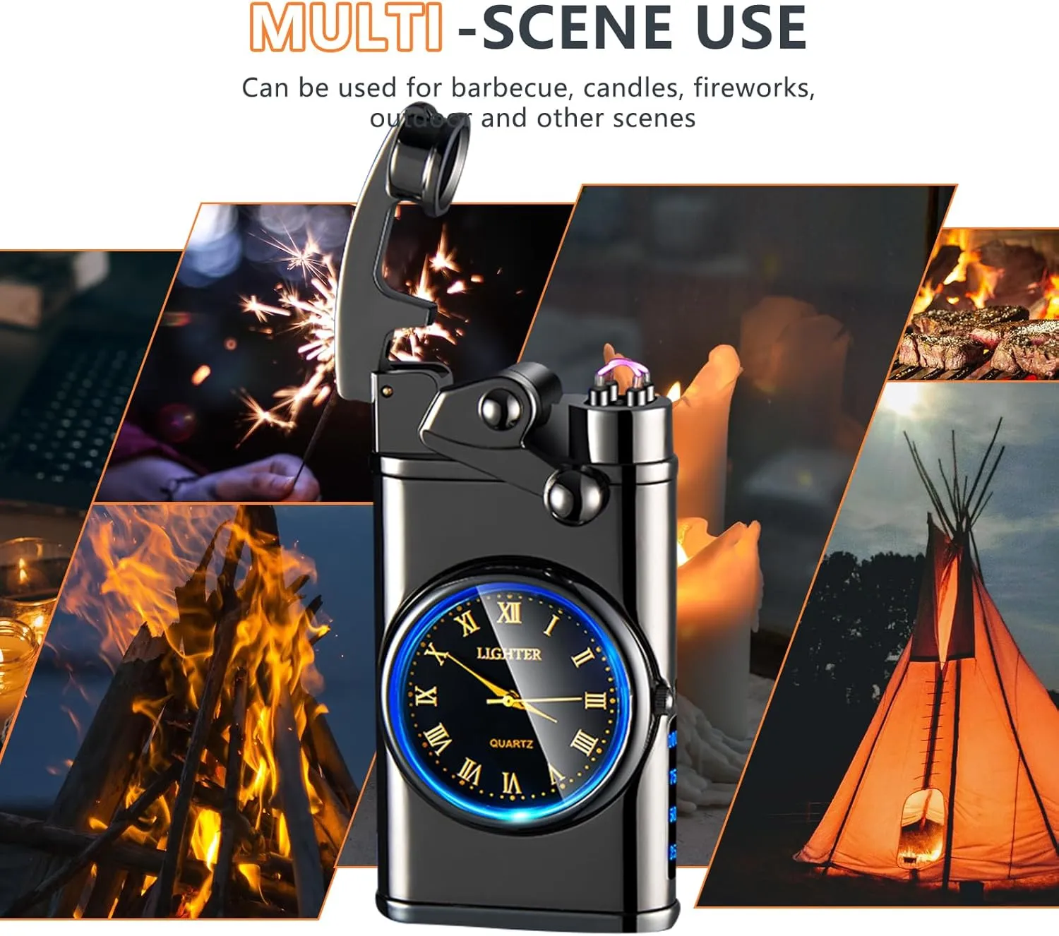 SKRFIRE Electric Plasma Electric Arc Lighter, Windproof Lighters, Metal Lighter Luminous Real Watch dial LED Lighting (Black)