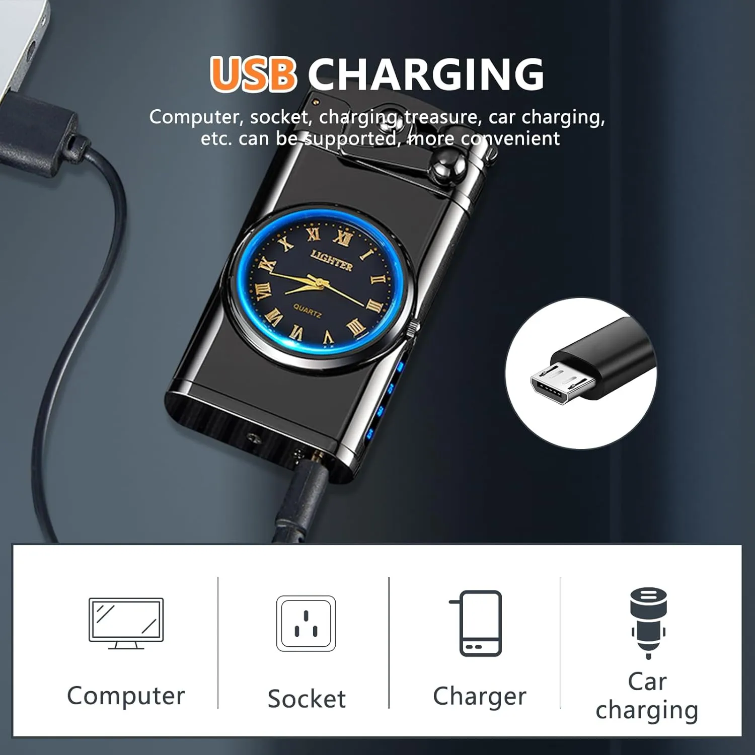 SKRFIRE Electric Plasma Electric Arc Lighter, Windproof Lighters, Metal Lighter Luminous Real Watch dial LED Lighting (Black)