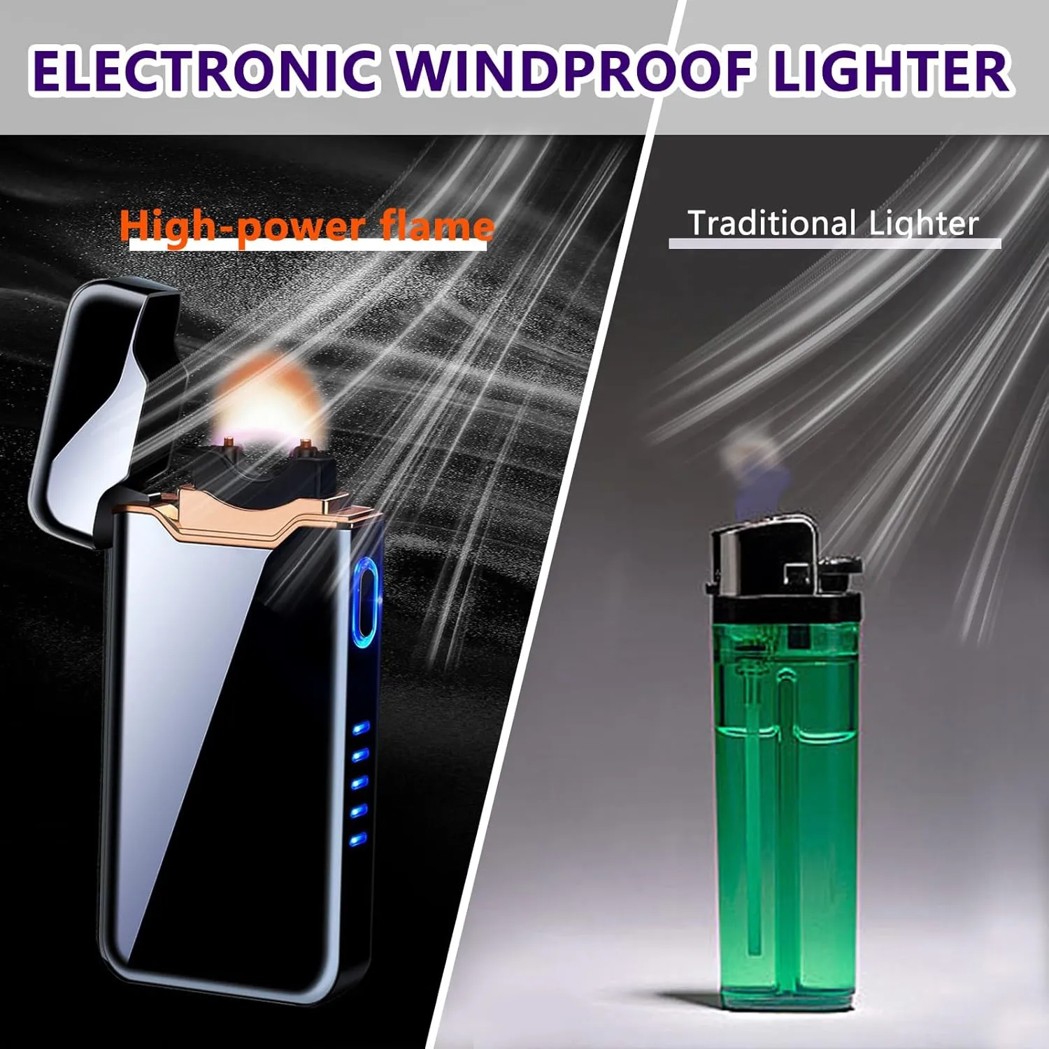 SKRFIRE Windproof Electric Lighter - Large Plasma Flame Arc Lighter, Rechargeable USB, Battery Indicator for Candle (Black)