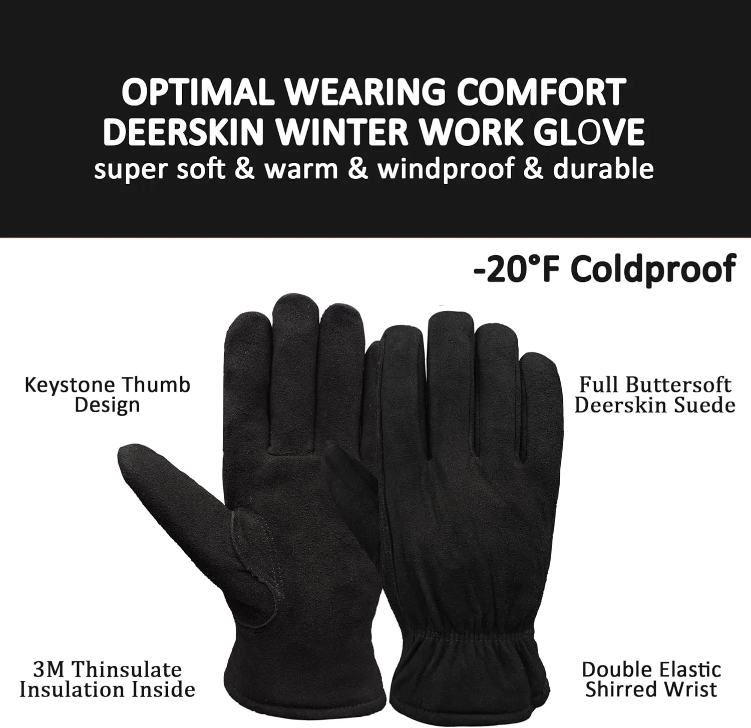 SKYDEER 3M Thinsulate Thermal Winter Work Gloves with Windproof Premium Genuine Deerskin Suede Leather (Unisex)