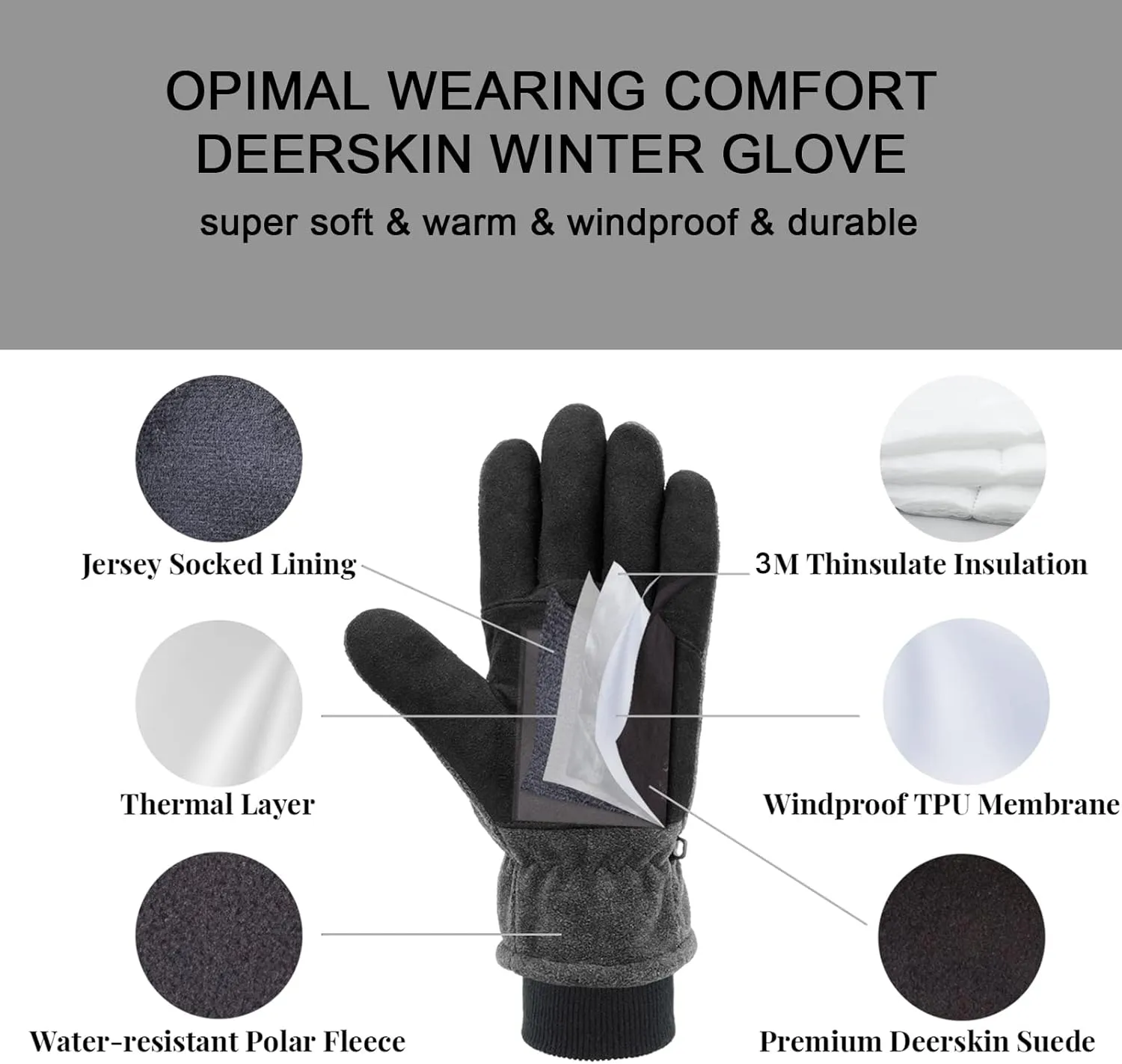 SKYDEER Winter Gloves with Soft Deerskin Suede Leather & Thermal Polar Fleece & Warm 3M Thinsulate Insulation (SD8661T)