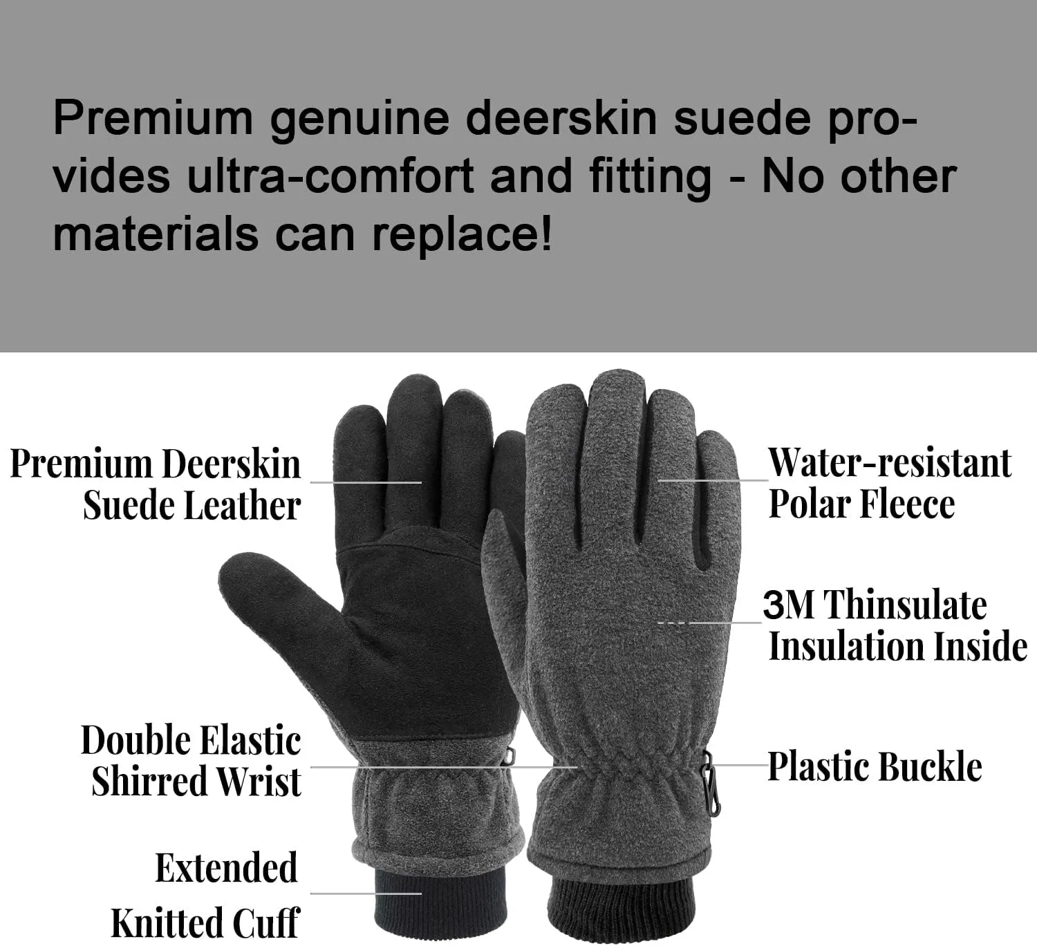 SKYDEER Winter Gloves with Soft Deerskin Suede Leather & Thermal Polar Fleece & Warm 3M Thinsulate Insulation (SD8661T)