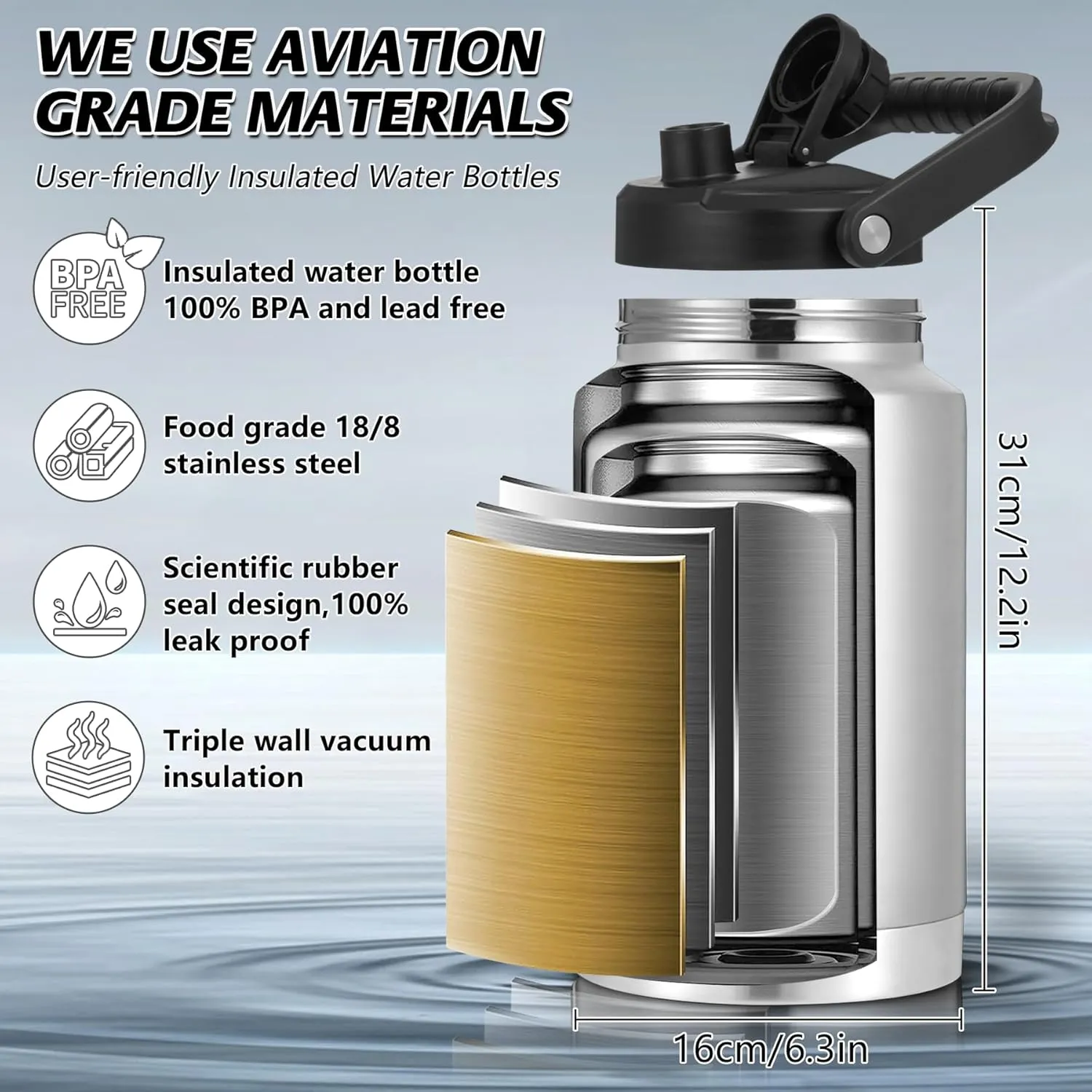 SkyWell 1 Gallon Insulated Water Bottle with Handle and Wide Mouth Water Flask Sweat-Proof and Leak-Proof 128 Oz Stainless Steel Water Jug for Outdoors, Silver