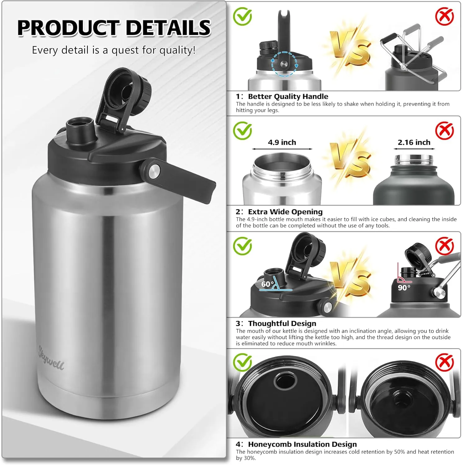 SkyWell 1 Gallon Insulated Water Bottle with Handle and Wide Mouth Water Flask Sweat-Proof and Leak-Proof 128 Oz Stainless Steel Water Jug for Outdoors, Silver