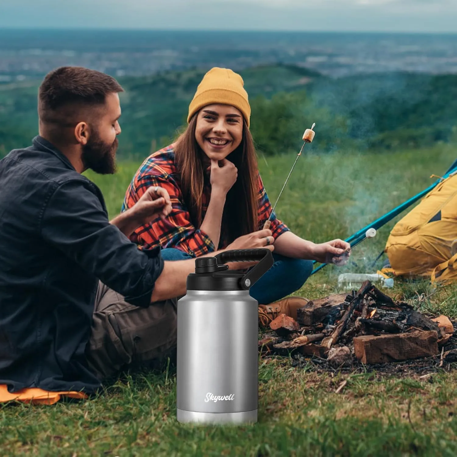 SkyWell 1 Gallon Insulated Water Bottle with Handle and Wide Mouth Water Flask Sweat-Proof and Leak-Proof 128 Oz Stainless Steel Water Jug for Outdoors, Silver