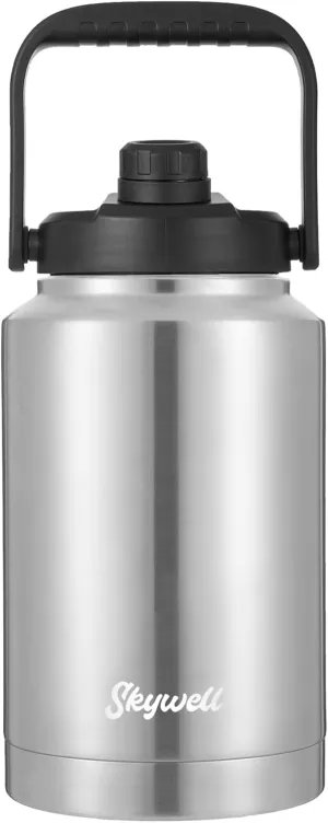 SkyWell 1 Gallon Insulated Water Bottle with Handle and Wide Mouth Water Flask Sweat-Proof and Leak-Proof 128 Oz Stainless Steel Water Jug for Outdoors, Silver