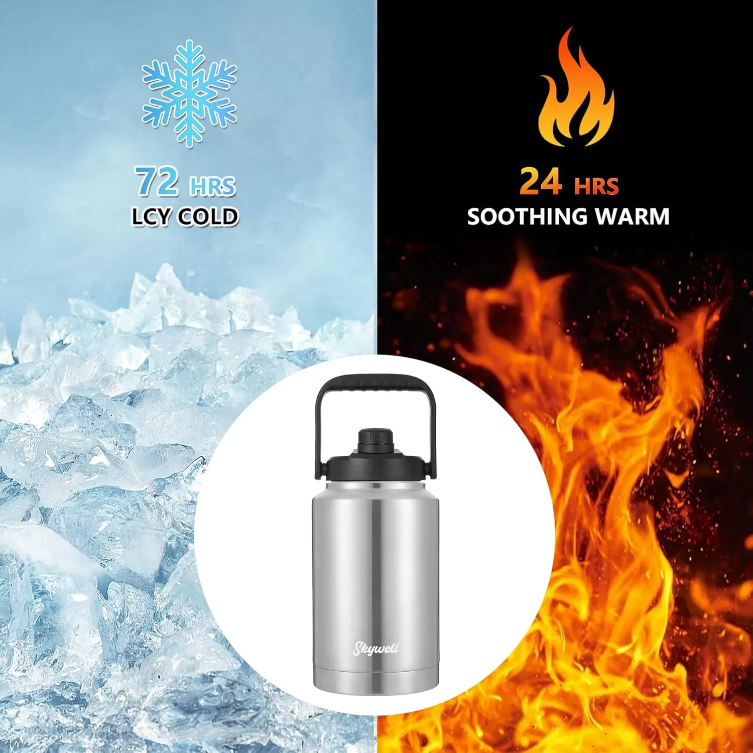 SkyWell 1 Gallon Insulated Water Bottle with Handle and Wide Mouth Water Flask Sweat-Proof and Leak-Proof 128 Oz Stainless Steel Water Jug for Outdoors, Silver