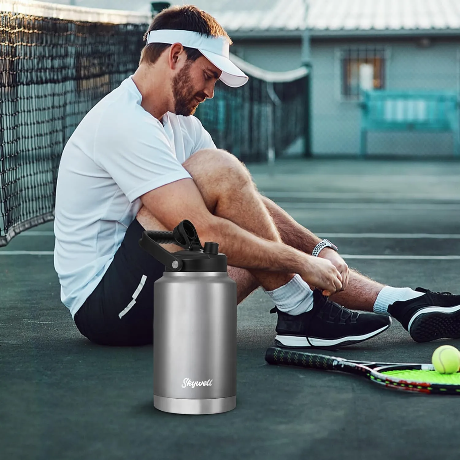 SkyWell 1 Gallon Insulated Water Bottle with Handle and Wide Mouth Water Flask Sweat-Proof and Leak-Proof 128 Oz Stainless Steel Water Jug for Outdoors, Silver