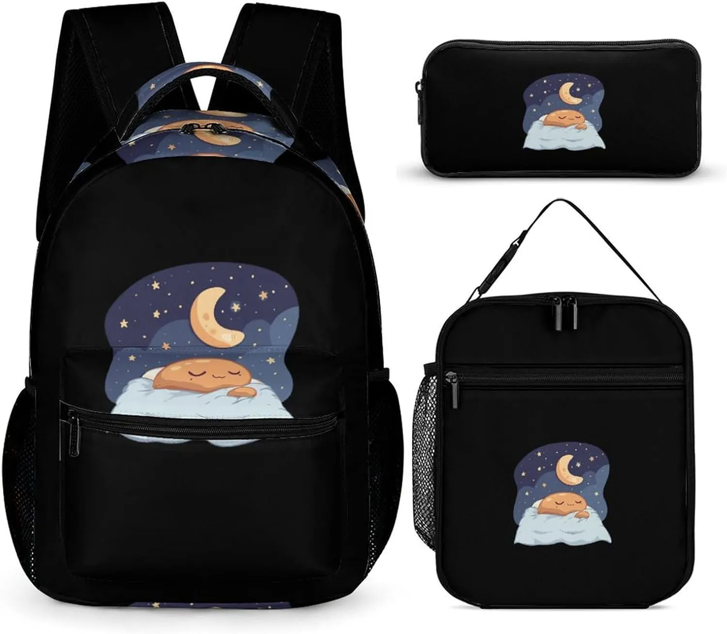 Sleeping Cocoa Chocolate Beans Large Capacity Backpacks with Lunch Bag Pencil Case Set Resistant Daypack 3 Piece
