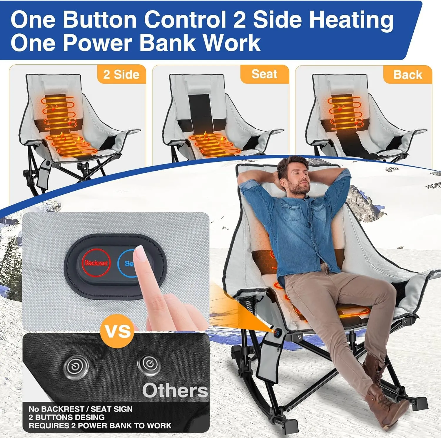 Slendor Heated Rocking Chair, Oversized Camping Chair w/ 3 Levels Back Seat Heat, Heated Rocker Chairs with Pillow, Side Pocket, Padded Carry Bag, Gray